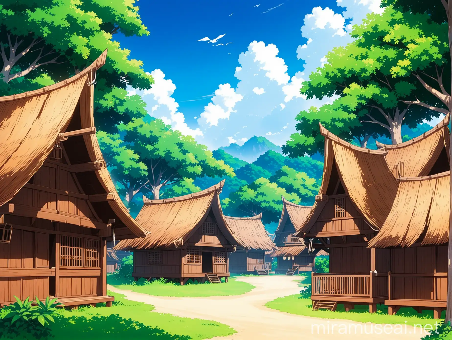 Anime Pirate Village with Wooden Houses on an Island