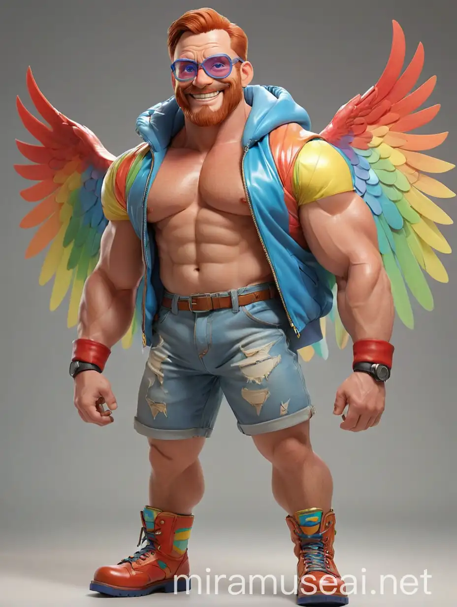 Muscular 40s Bodybuilder Flexing with Colorful Eagle Wings Jacket