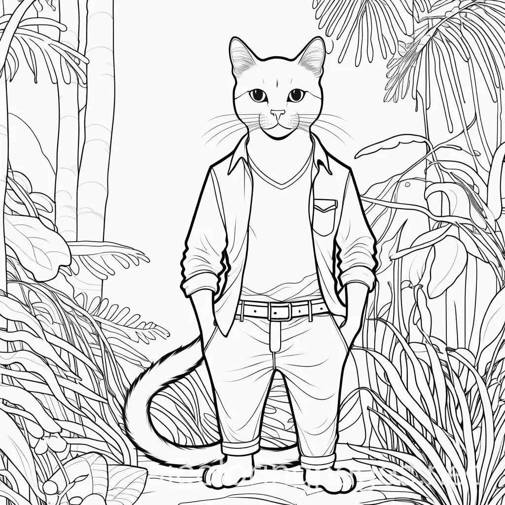 Cat in pants ,in jungle zone, cat with monkey, Coloring Page, black and white, line art, white background, Simplicity, Ample White Space. The background of the coloring page is plain white to make it easy for young children to color within the lines. The outlines of all the subjects are easy to distinguish, making it simple for kids to color without too much difficulty