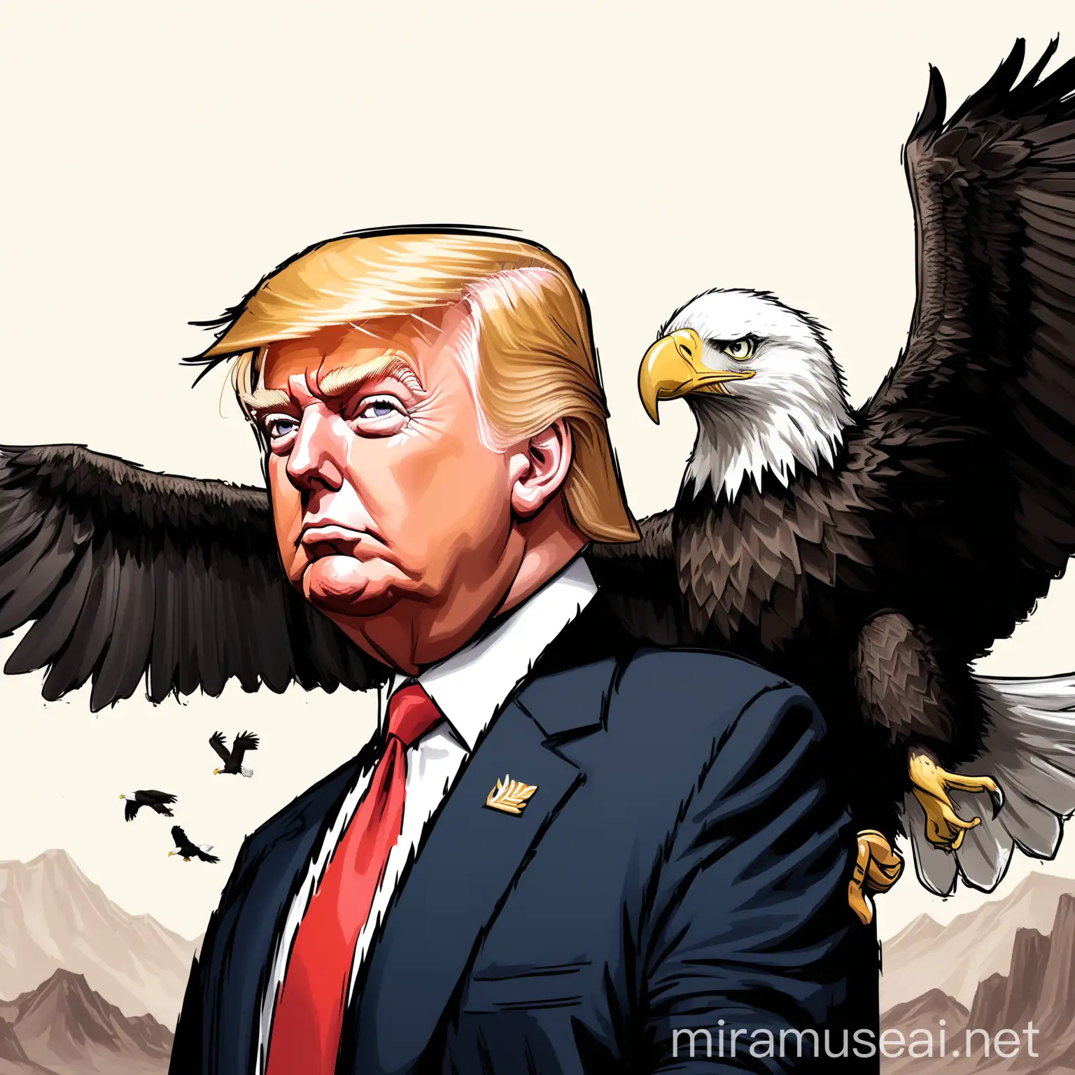 illustration of Donald Trump with bald eagle behind

