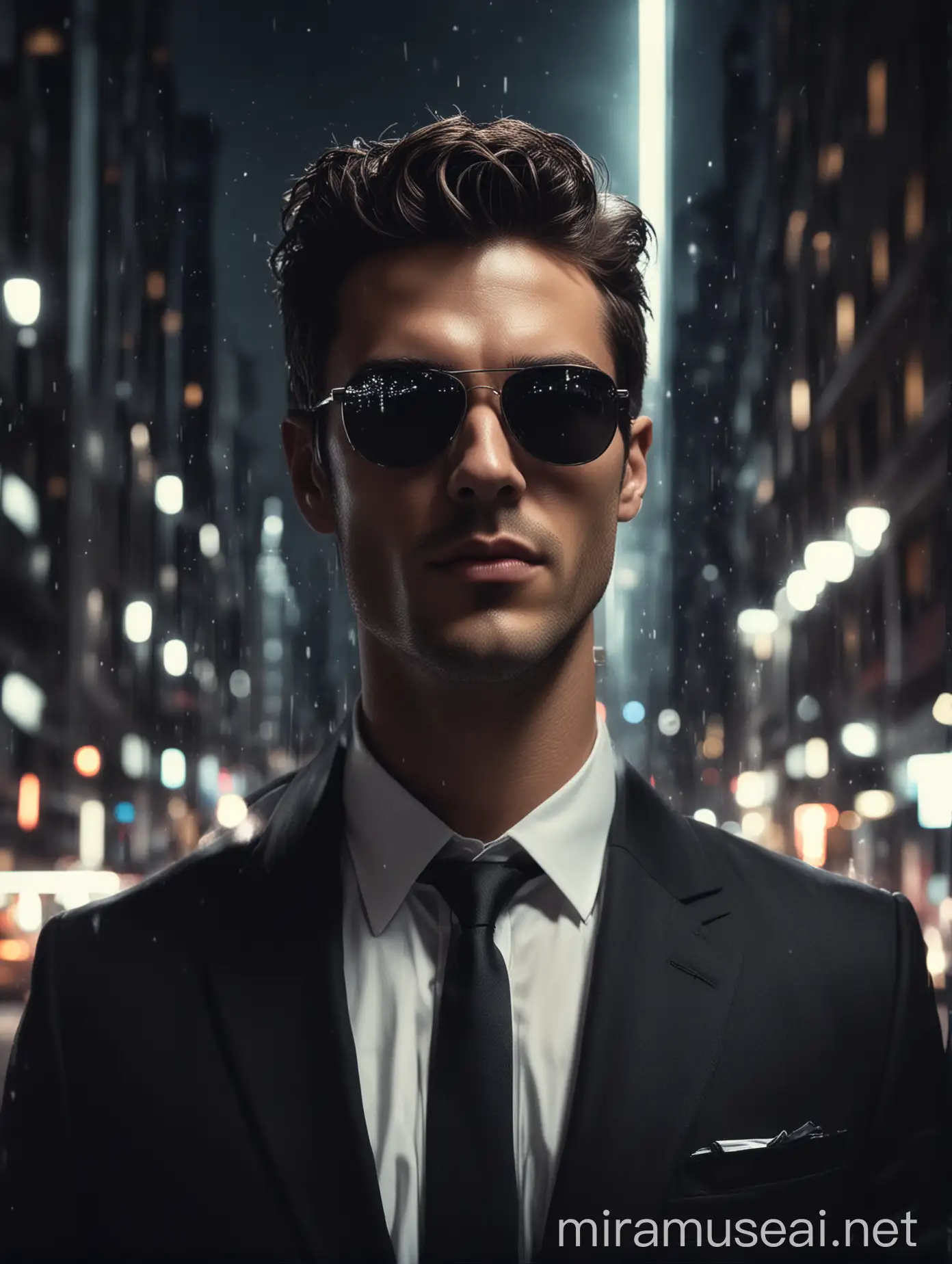 Stylish Man in Suit with Luminous Lights in Urban Night Scene