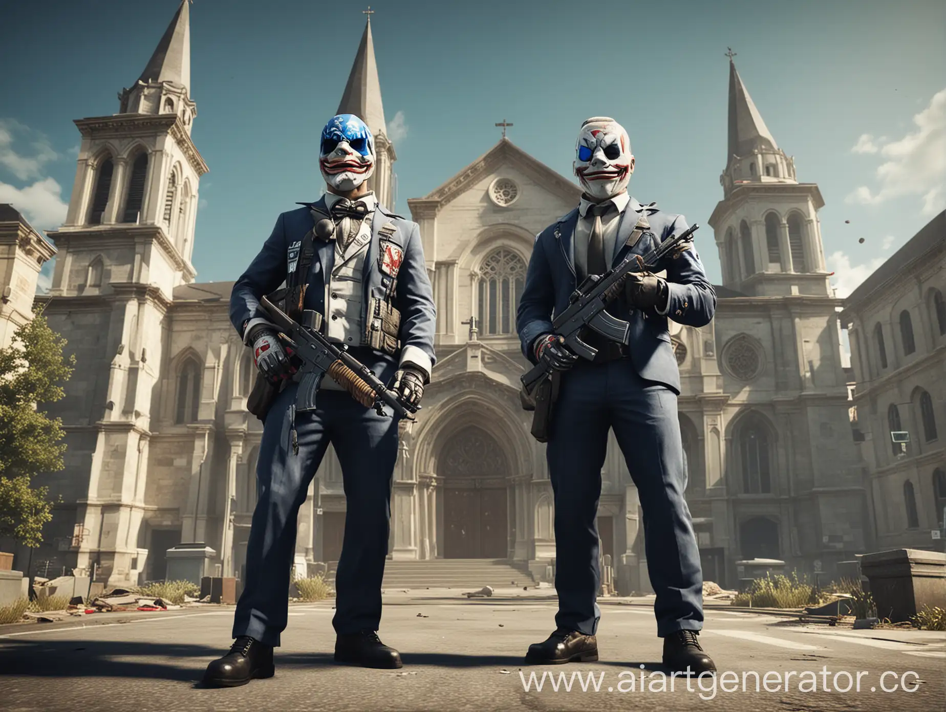 2 попа на фоне церкви, но в костюмах из payday 2