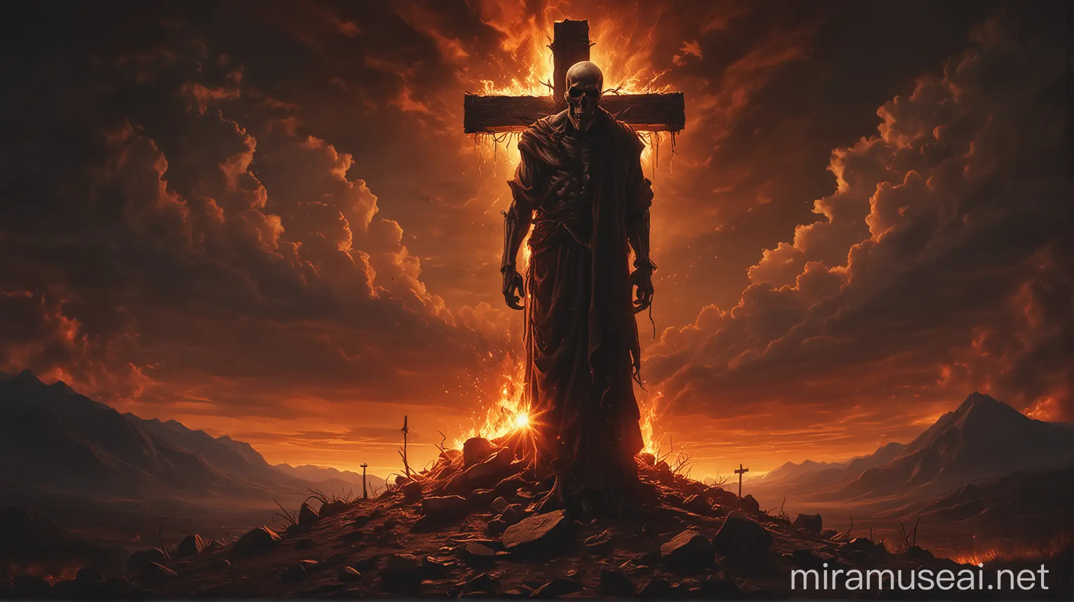 Solitary Figure on Mountaintop at Sunset Symbolism of False Prophets Darkness and Hope