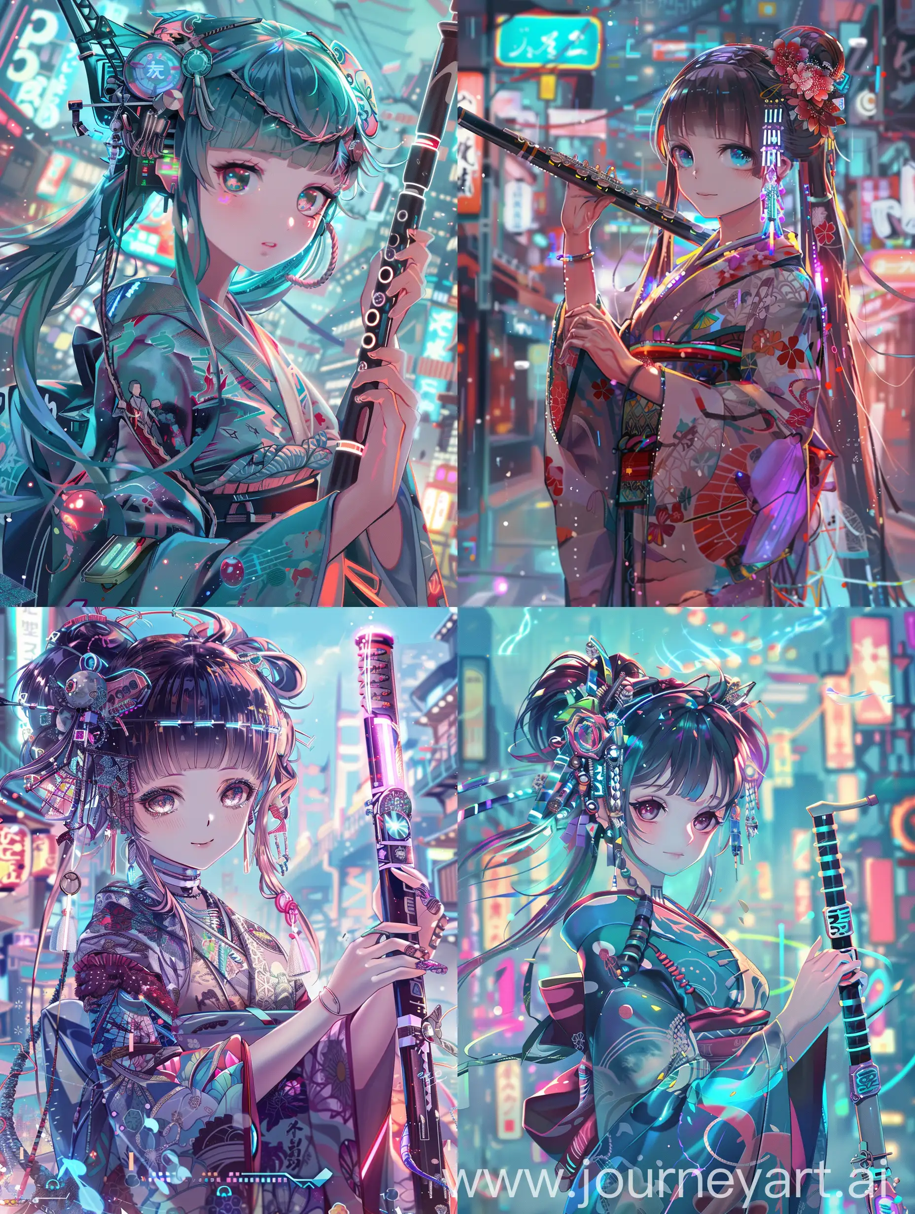 Generate an image of a VTuber-style anime girl with a modern Japanese aesthetic, incorporating futuristic elements. She should have a youthful and vibrant appearance, with large expressive eyes and a delicate smile. Her hair is long, styled in a way that blends traditional Japanese influences with futuristic touches, perhaps incorporating holographic highlights or LED strands. She is dressed in a fashionable outfit that merges traditional kimono patterns with high-tech materials, such as light armor or sleek, reflective fabrics. In one hand, she holds a musical instrument that is a fusion of traditional and futuristic designs, like a digital shamisen or a neon-lit flute. The background is a blend of traditional Japanese scenery with futuristic cityscapes, featuring neon lights, floating elements, and advanced architecture. The overall atmosphere is one of harmony between tradition and innovation, with a focus on the character's musical talent and her embodiment of the future of VTuber culture.