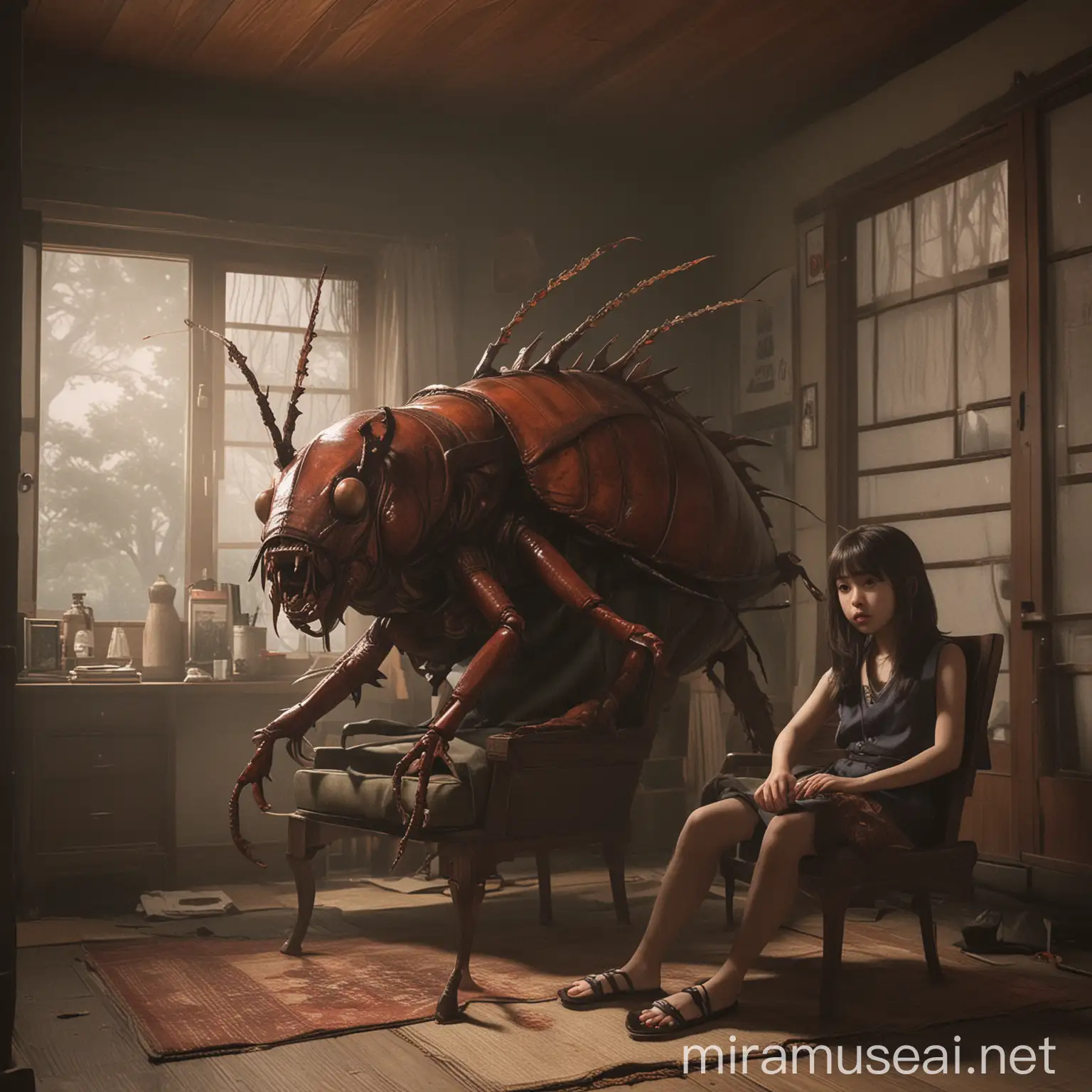 Japanese Girl Confronts Giant Alien Cockroach in Haunted House