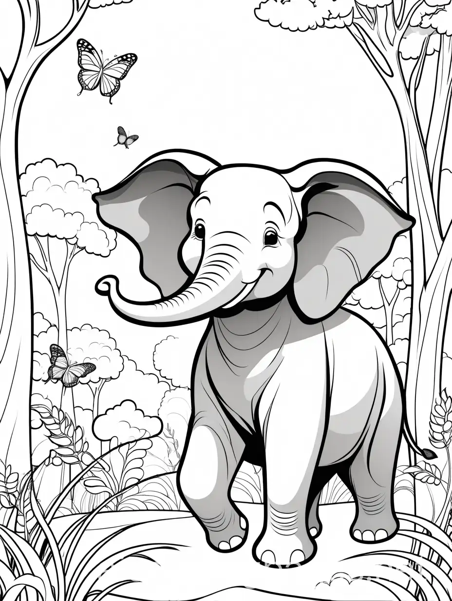 cartoon happy elephant chasing a butterfly in the forest, Kids Coloring Page, black and white, line art, white background, Simplicity, Ample White Space, Coloring Page, black and white, line art, white background, Simplicity, Ample White Space. The background of the coloring page is plain white to make it easy for young children to color within the lines. The outlines of all the subjects are easy to distinguish, making it simple for kids to color without too much difficulty