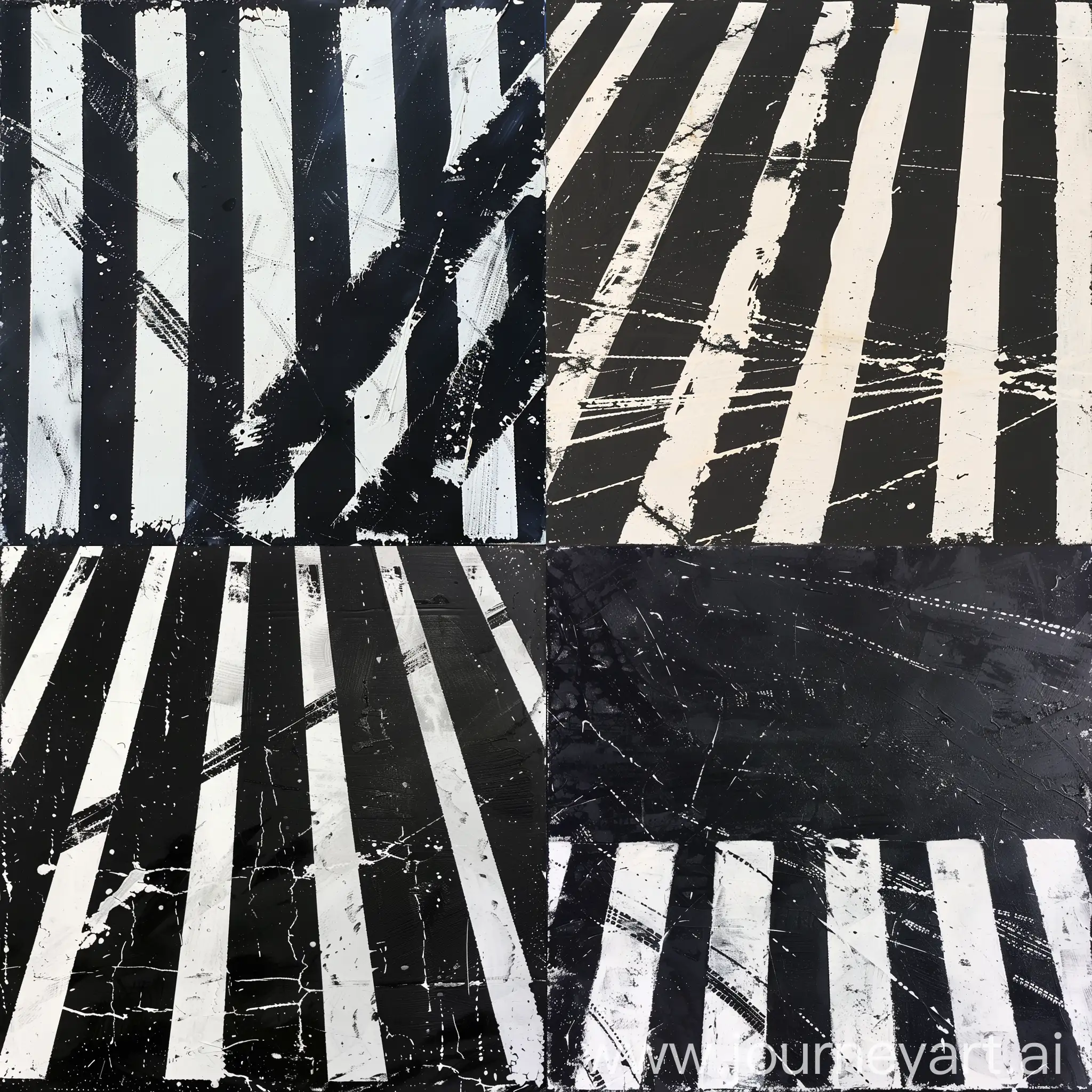 drawing on a black background with white paint, pedestrian crossing, white stripes stained with tire tracks