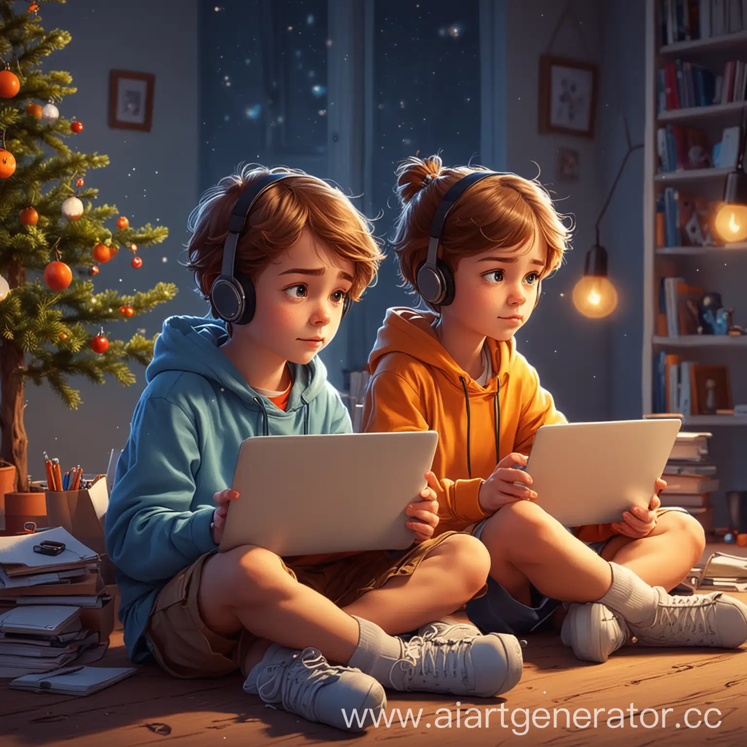 мультяшные дети 12 лет разглядывают что-то в ноутбуке и сидят в телефонах яркая красивая картинка
