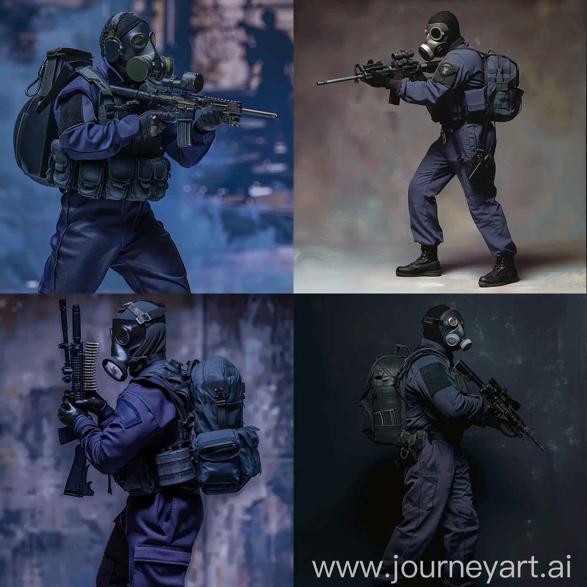 1978 year, SAS operator, dark purple military jumpsuit, hazmat protective gasmask on his face, small military backpack, military unloading on his body, sniper rifle in his hands.