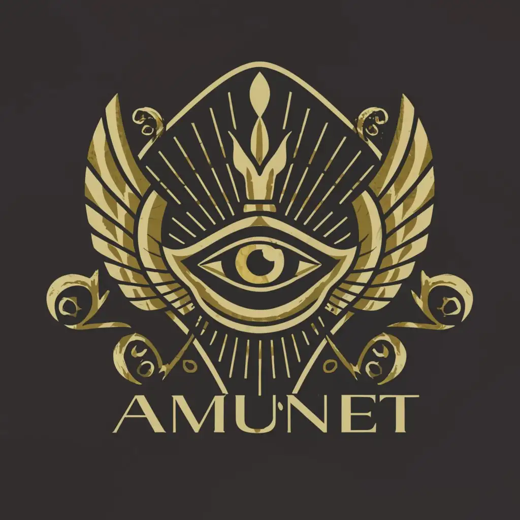 a logo design,with the text "Amunet", main symbol:All seeing eye of Horus inside large angel wings,Moderate,be used in Religious industry,clear background