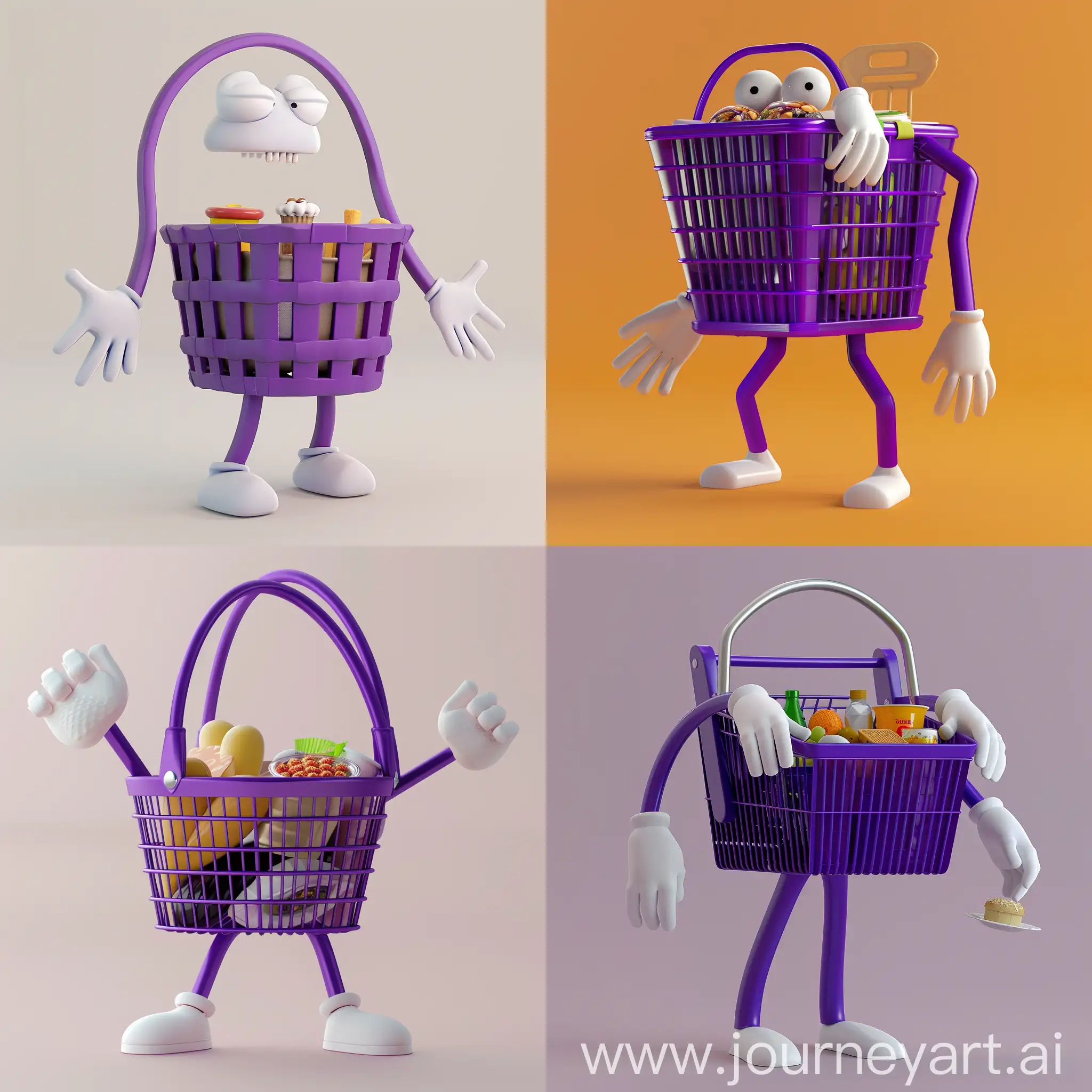 Purple-3D-Batam-Shopping-Basket-with-Arms-Legs-White-Gloves-and-Food-Inside