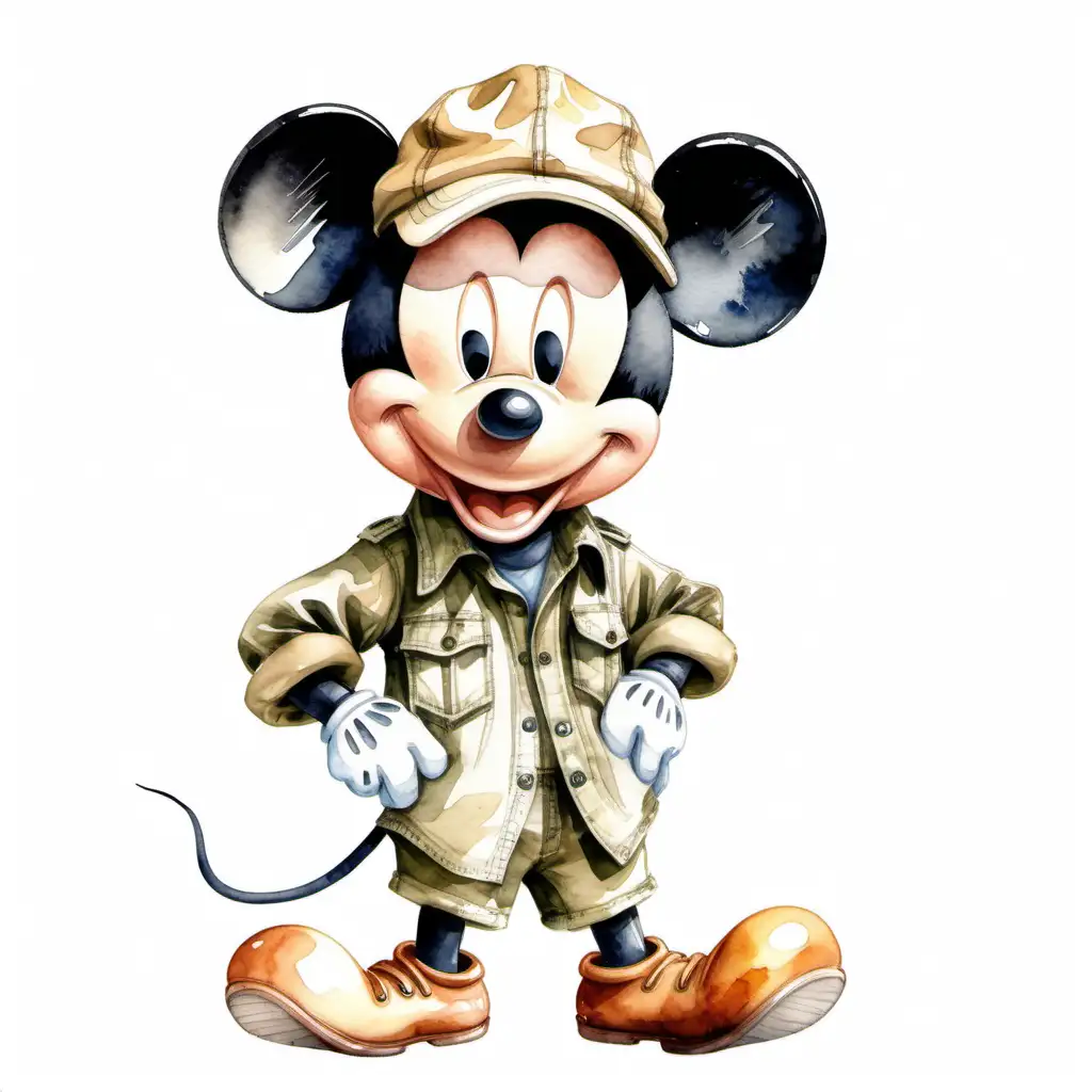 watercolor childrens book illustration of mickey mouse wearing safari clothes, his head must be proportionally bigger than his body,  isolated on a solid white background