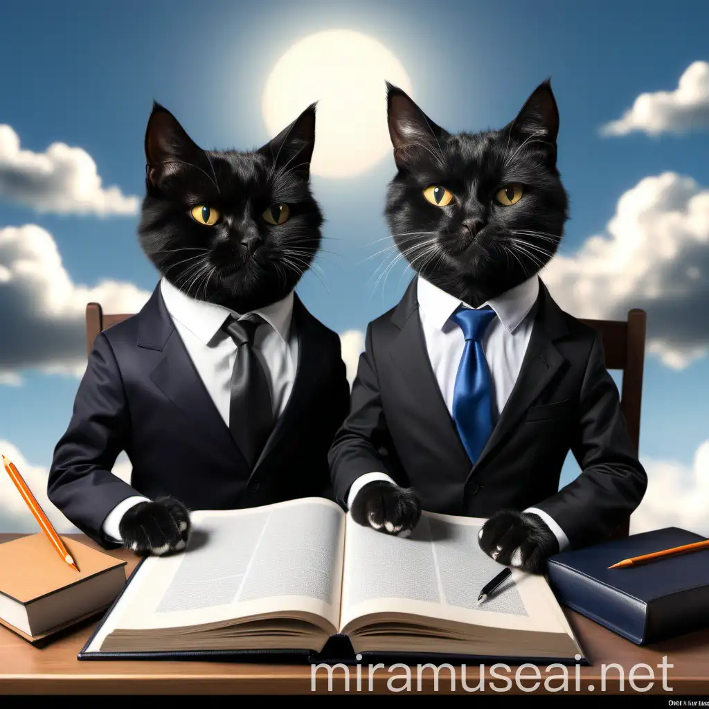 one cat is sitting near the other cat and he is drawing in his book.  These cats are black. The right cat wearssuit with tie. The background is the ncartoon sky
