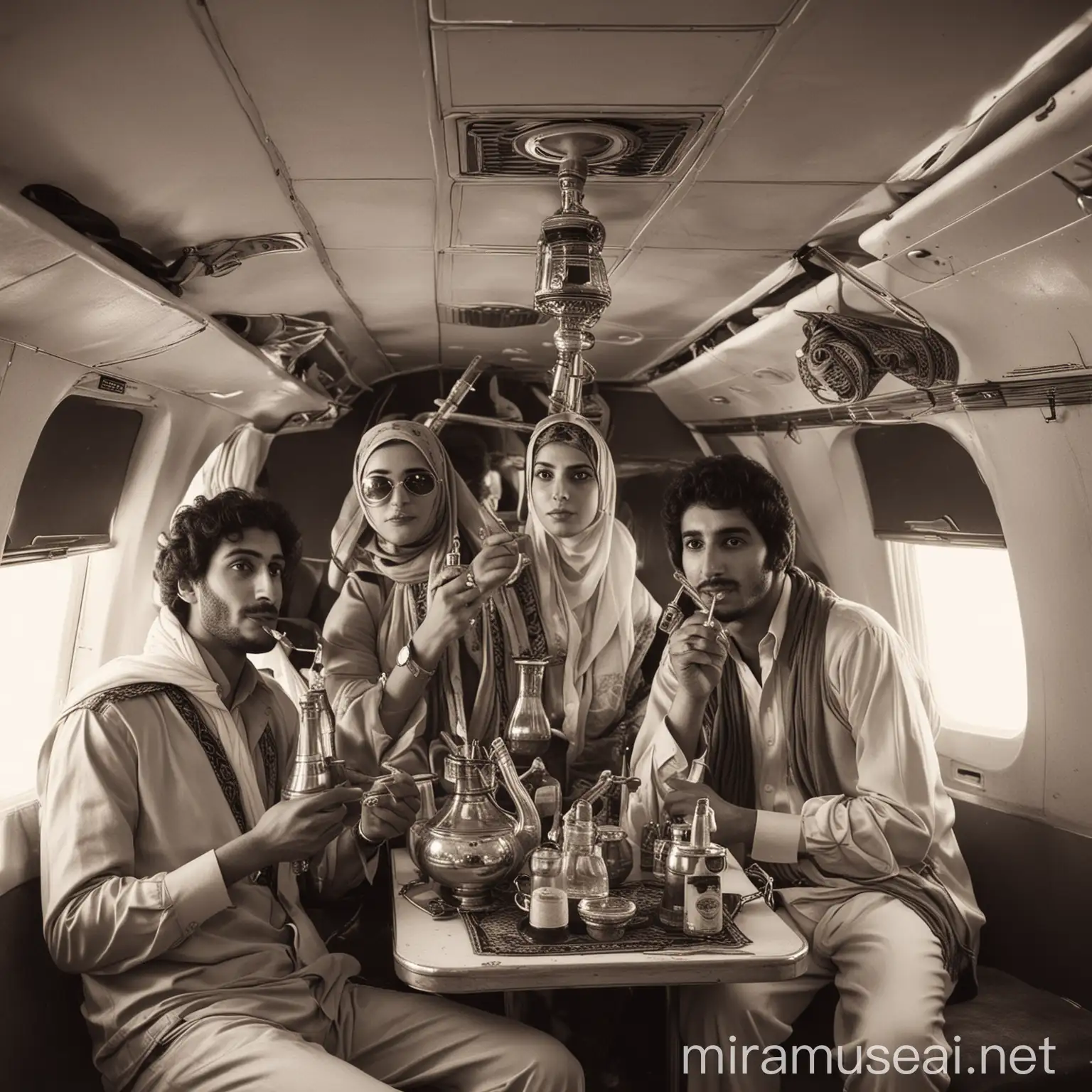 70's - 80's arabs on an airplane doing one shisha, make the photo in black and white or sepia.