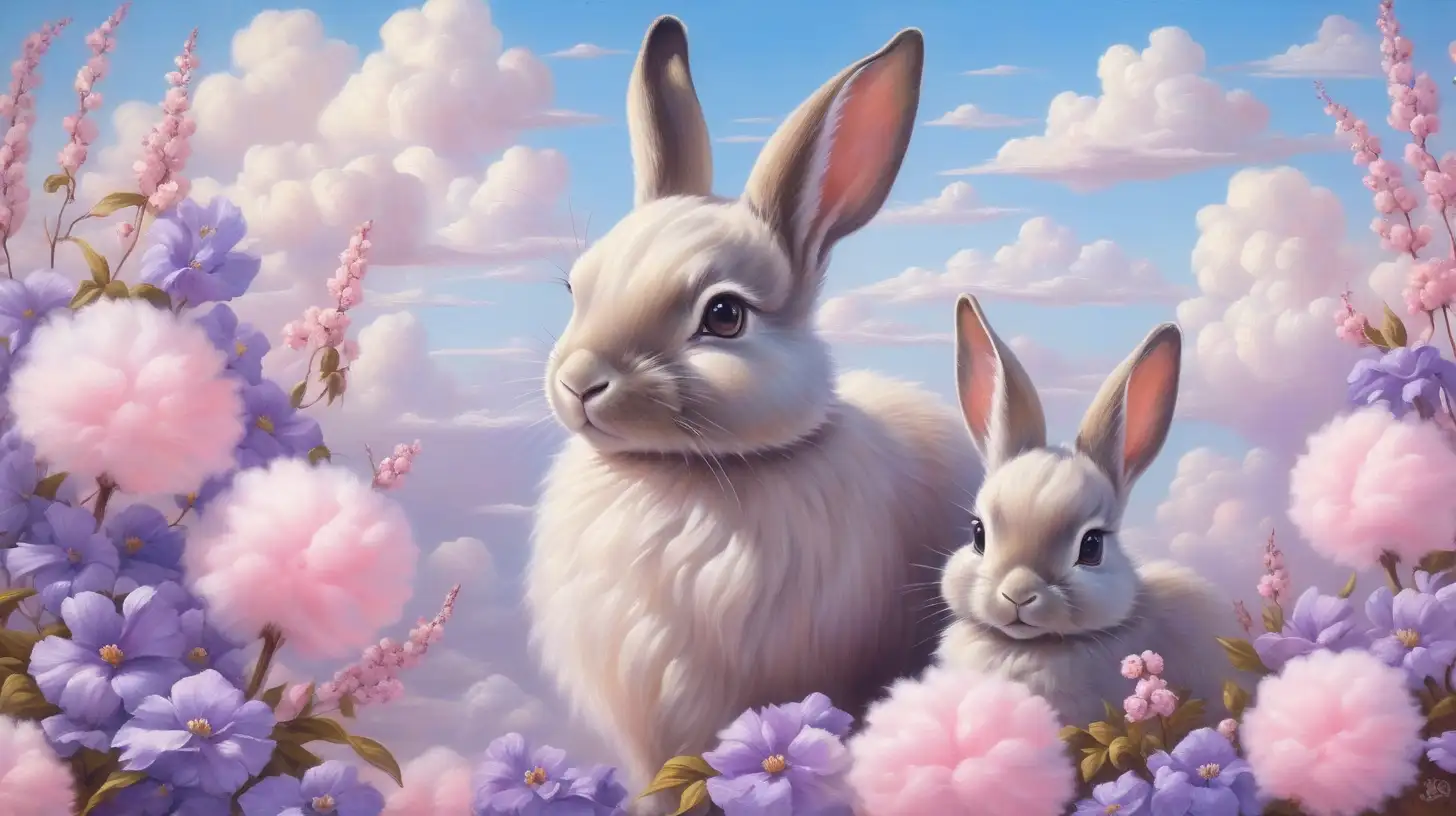 Adorable Mother Rabbit and Baby Bunny with Floral Cupcake in Pastel Fantasy