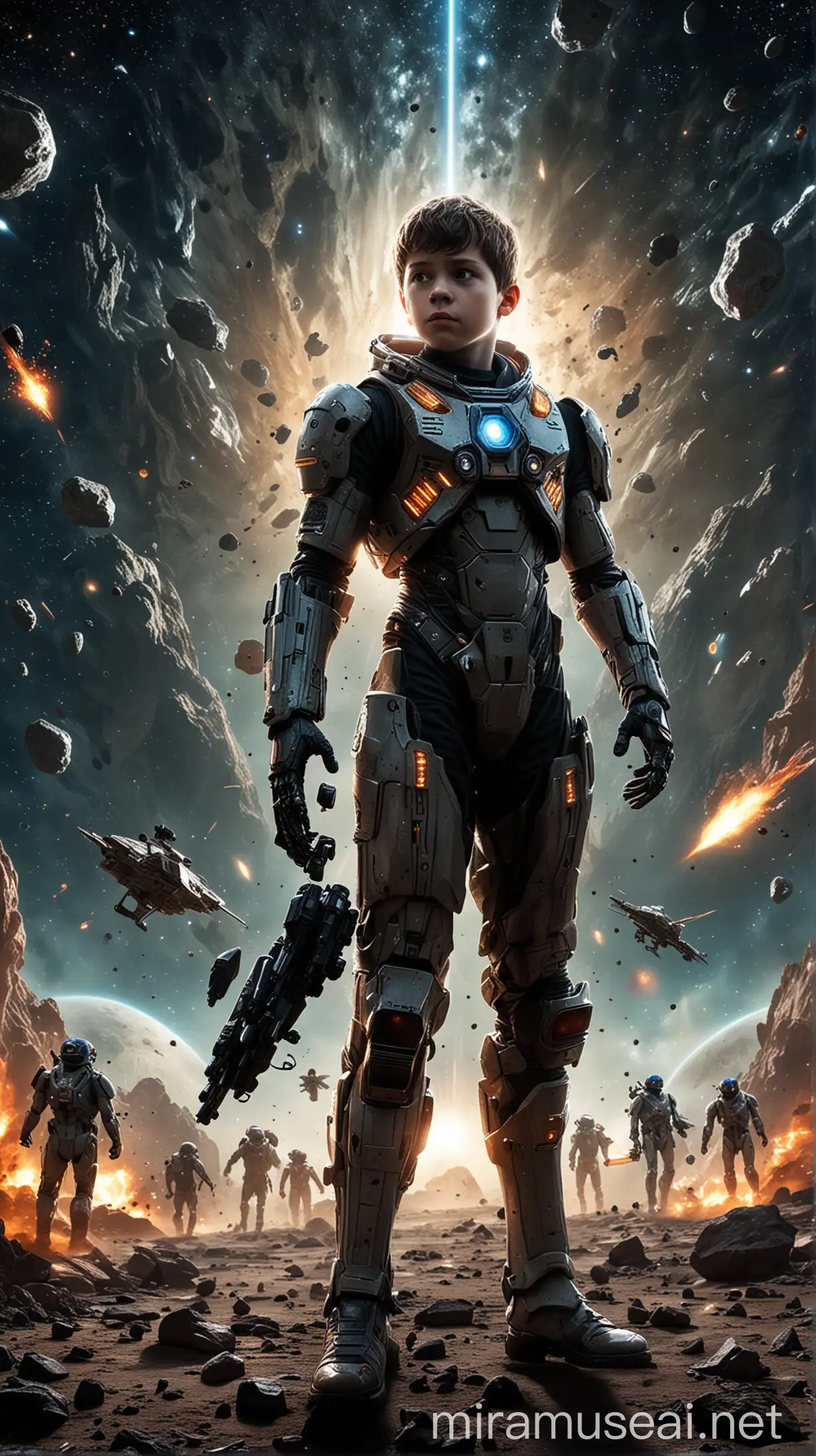Craft an intense scene where a courageous young boy battles extraterrestrial invaders in the vastness of cosmic space. Armed with an asteroid gun, he dodges through asteroid fields, his spacesuit shimmering under distant starlight. The alien ships swoop in, firing energy beams, while our hero retaliates with precise shots. Explosions bloom against the galactic backdrop as he fights to protect our universe. Capture the adrenaline, the danger, and the cosmic majesty.
