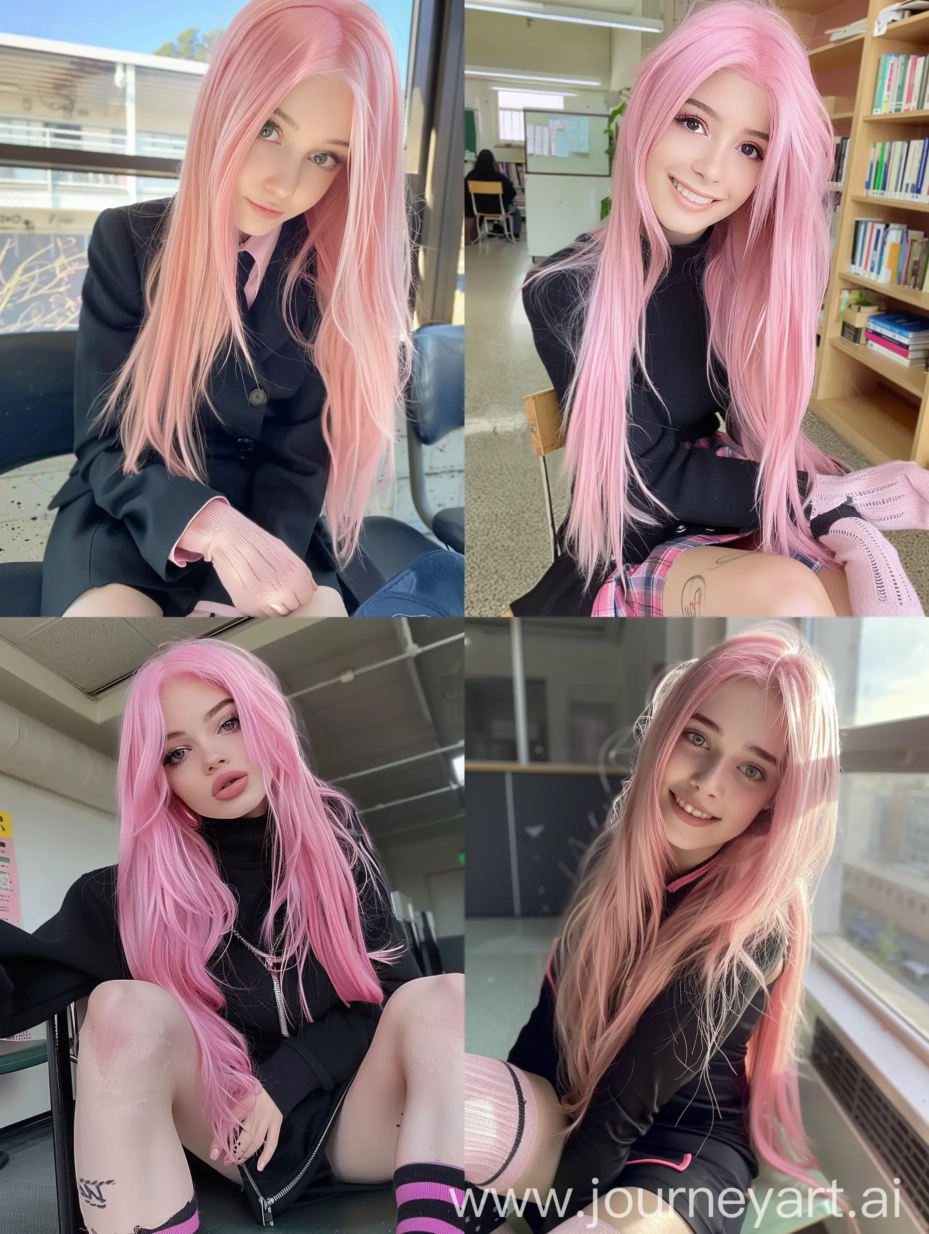 1  girl,    long pink  hair ,   22  years  old,    influencer,    beauty   ,     in  the  school    ,school black and pink  uniform  ,  makeup,   smiling, chão view,      sitting  on  chair  ,    socks  and  boots,    no  effect,     selfie   , iphone  selfie,      no  filters ,   iphone  photo    natural
