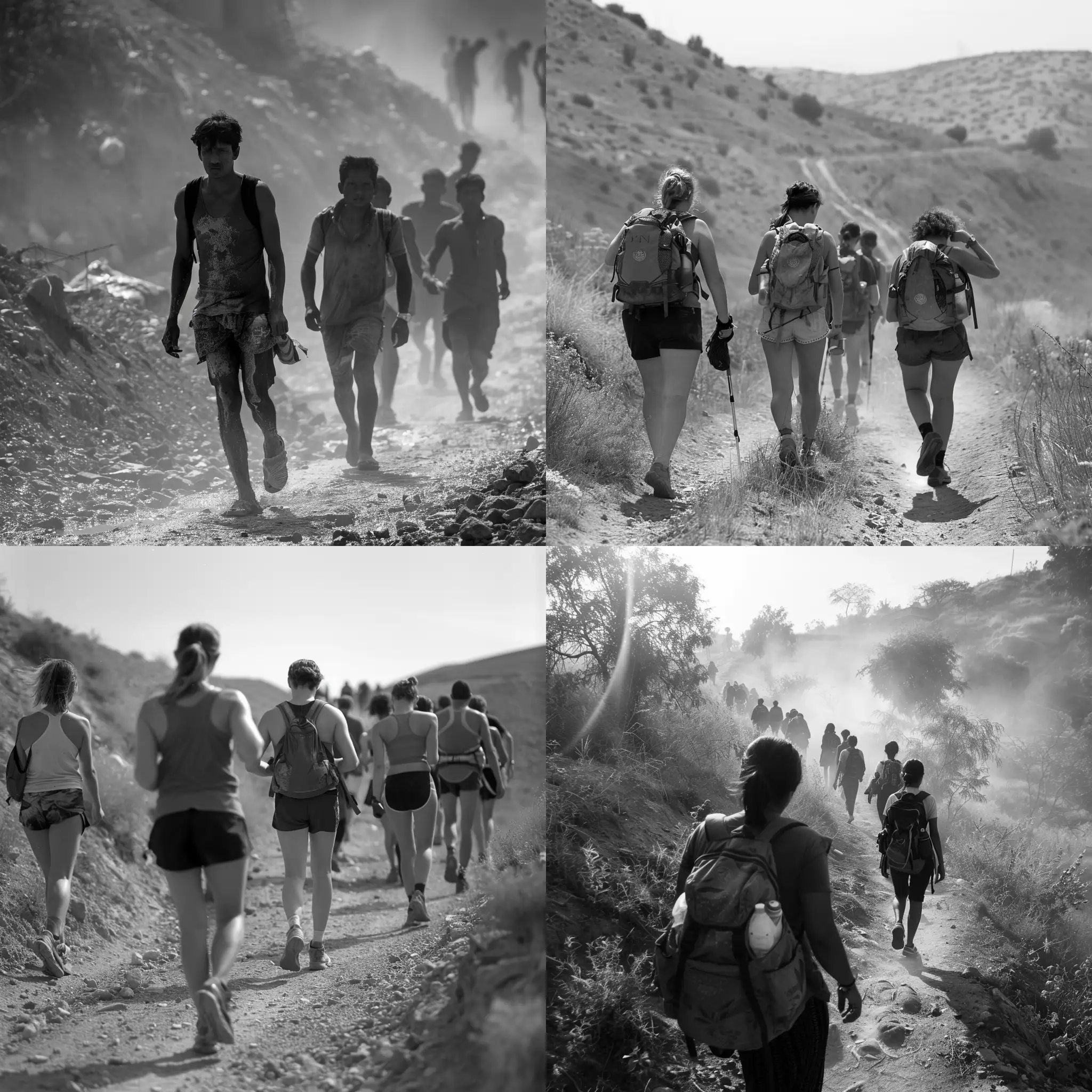 Their body language should convey some level of exertion and struggle.  Some might be wiping sweat from their brows, bent over slightly, or taking deep breaths. walking side-by-side in the middle.uphill on a dusty winding trail look hot and weary.

The image should capture the essence of a challenging but rewarding journey.  Despite the struggle of the uphill climb, the millennials are determined to reach the temple, a symbol of their faith and perseverance.

