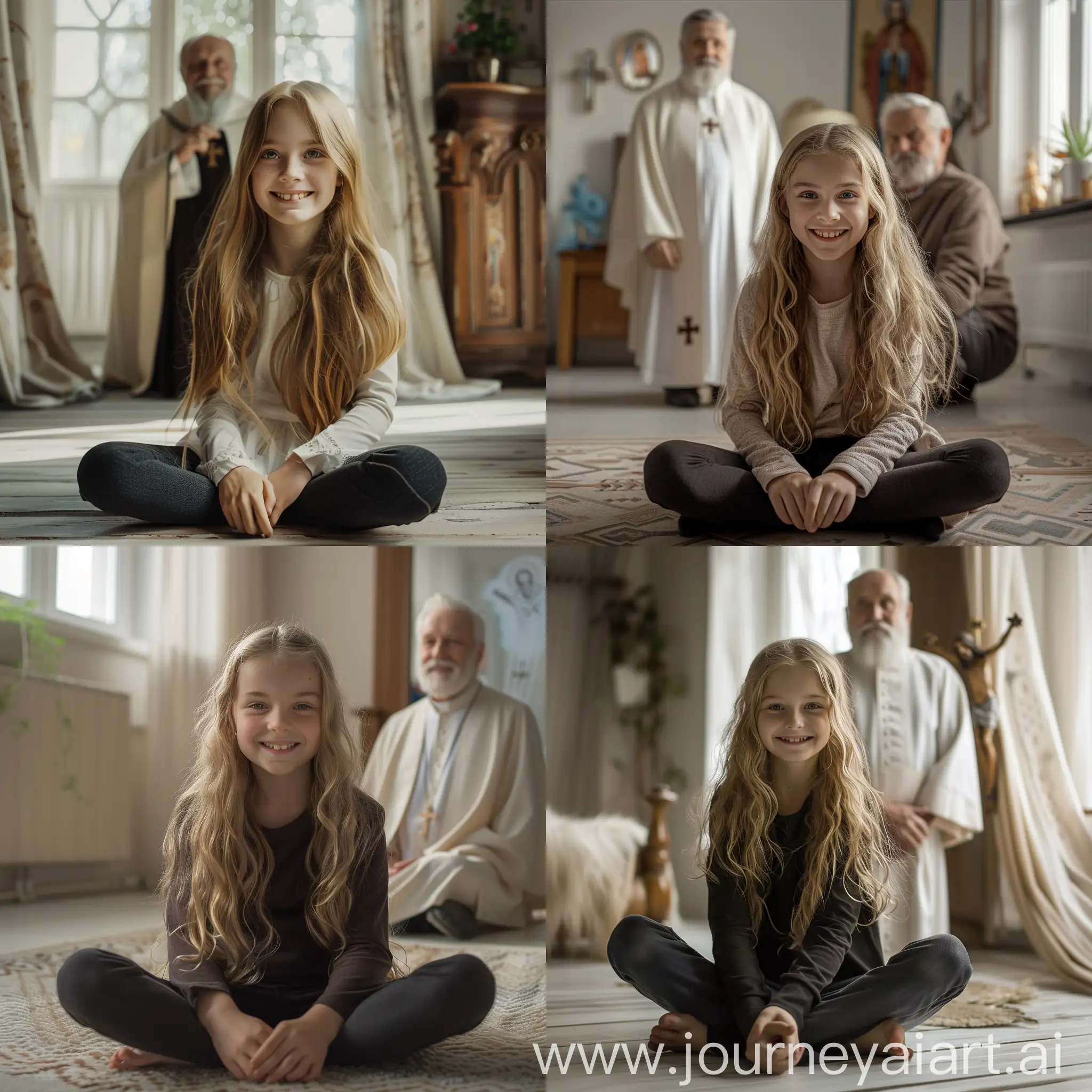 Smiling-12YearOld-Girl-with-Long-Blond-Hair-in-Bright-Room-with-Catholic-Priest