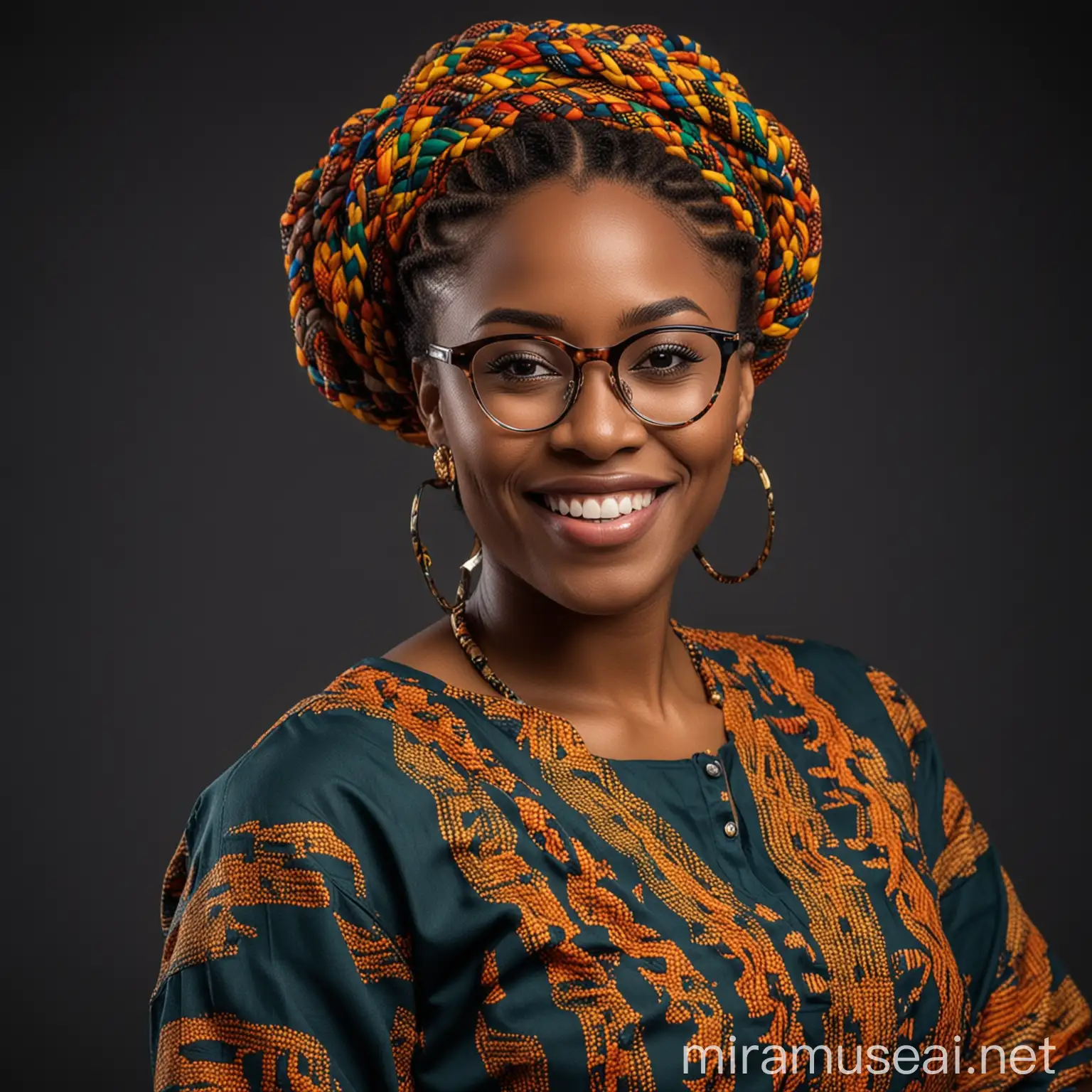 A Nigeria lady dressed in African attire, with braided hair and eye glasses, smiling beautifully, looking directly at the camera, posing sexually on a dark studio background