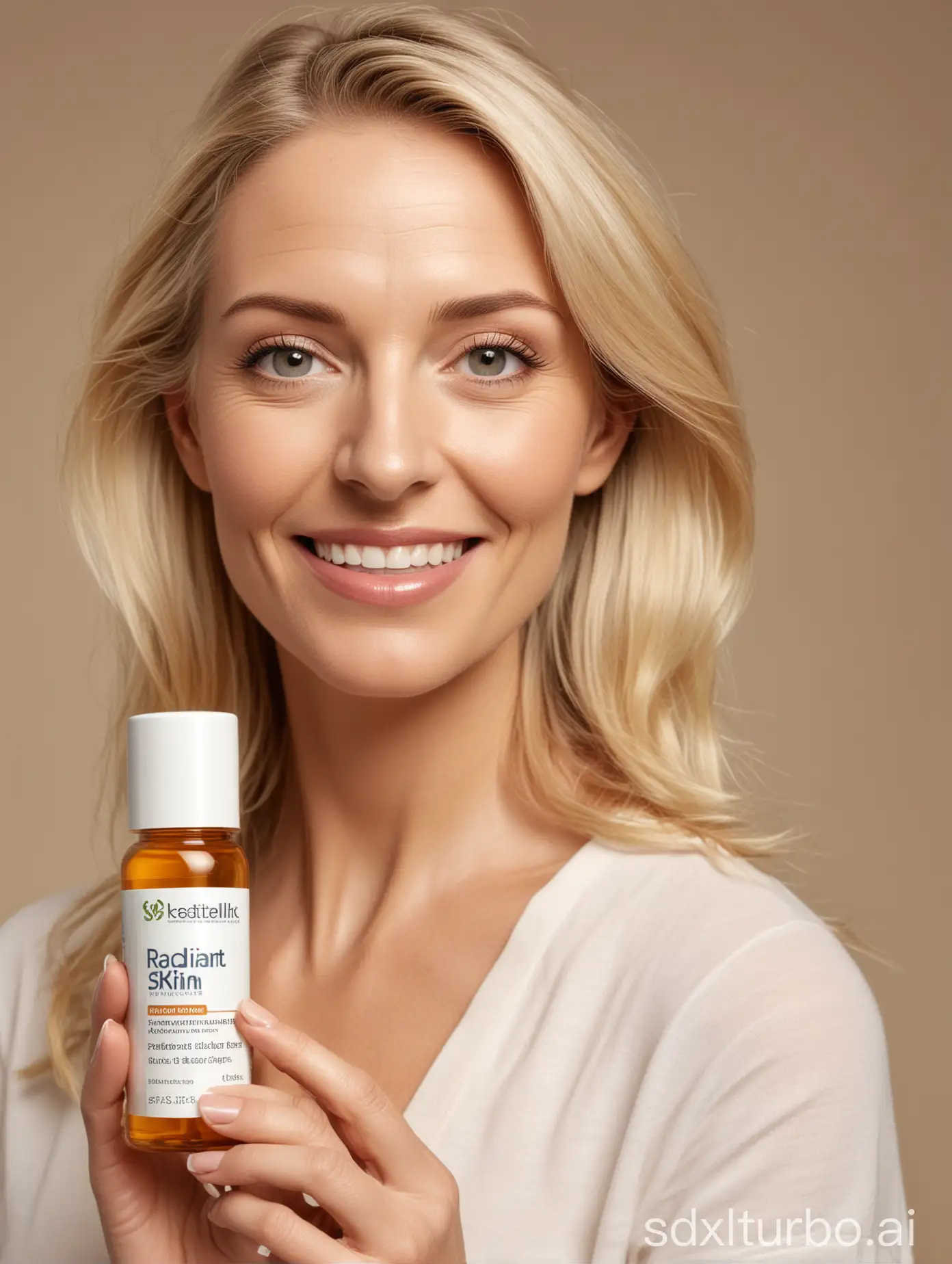 Radiant Skin Natural Beauty Skincare Product Advertisement, 45 years old blonde woman holding a 4 inches tall pills bottle