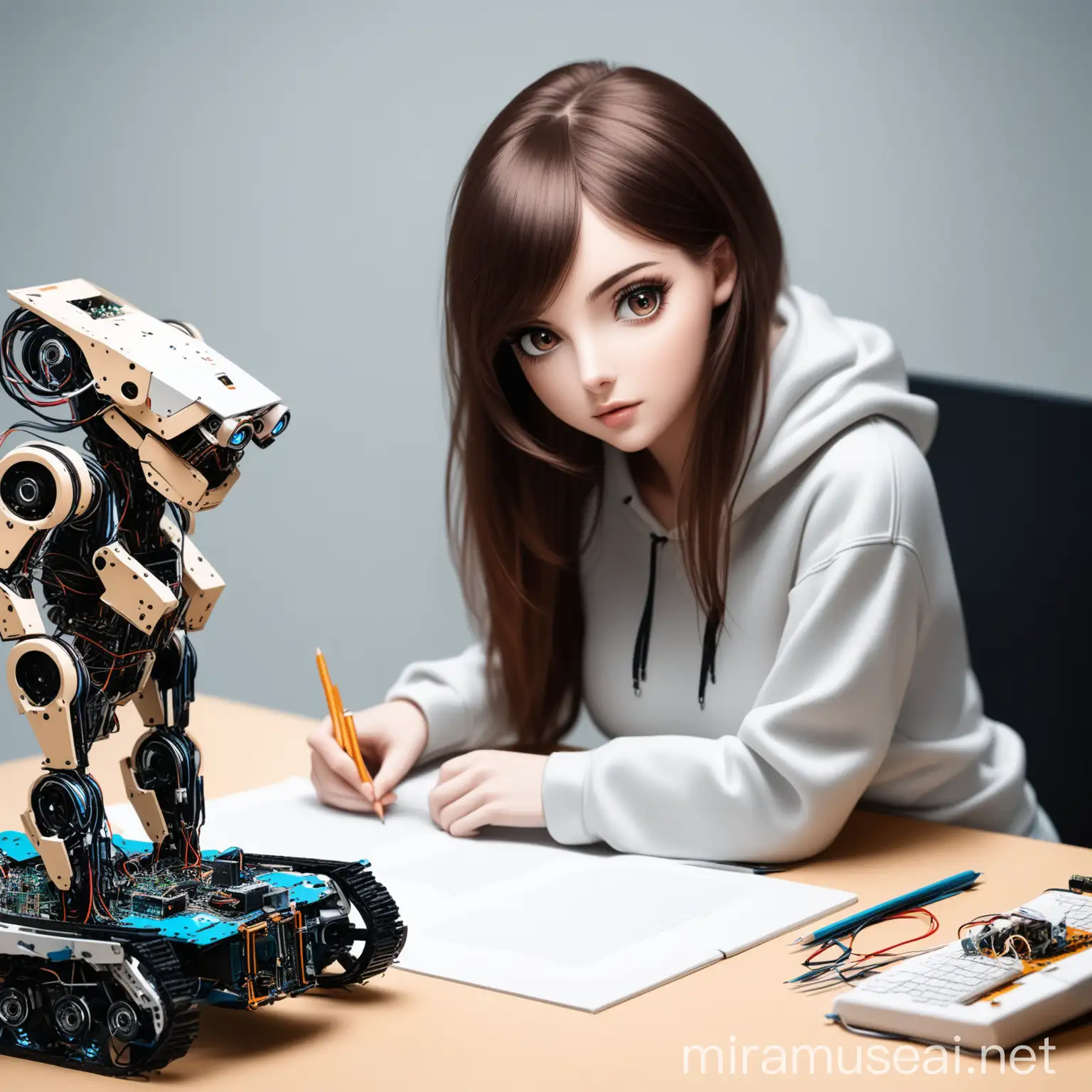 Beautiful Women Studying Robotics with Dark Brown Hair and Hoodie