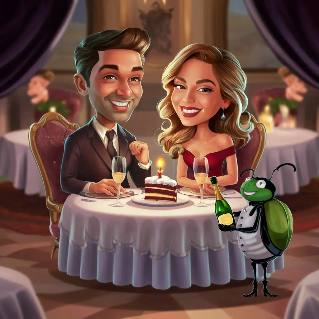 ein mann und eine frau sitzen in einem schönen restaurant am tisch. vor der frau steht ein stück kuchen mit einer kerze. der kellner steht neben dem tisch und hält eine flasche champagner. der kellner ist ein lustiger grüner käfer.
