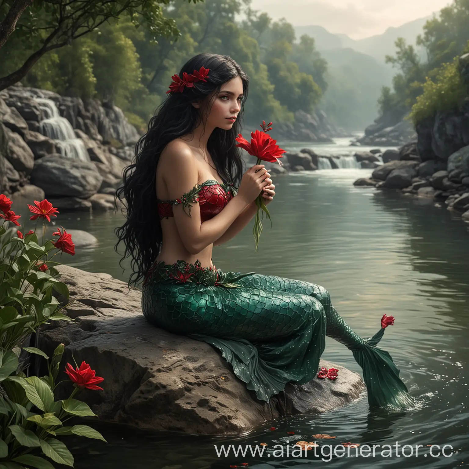 Темноволосая русалка с темно-зелеными глазами сидит на камне около реки, ее хвост свисает в воду, в руке она держит цветок красного цвета