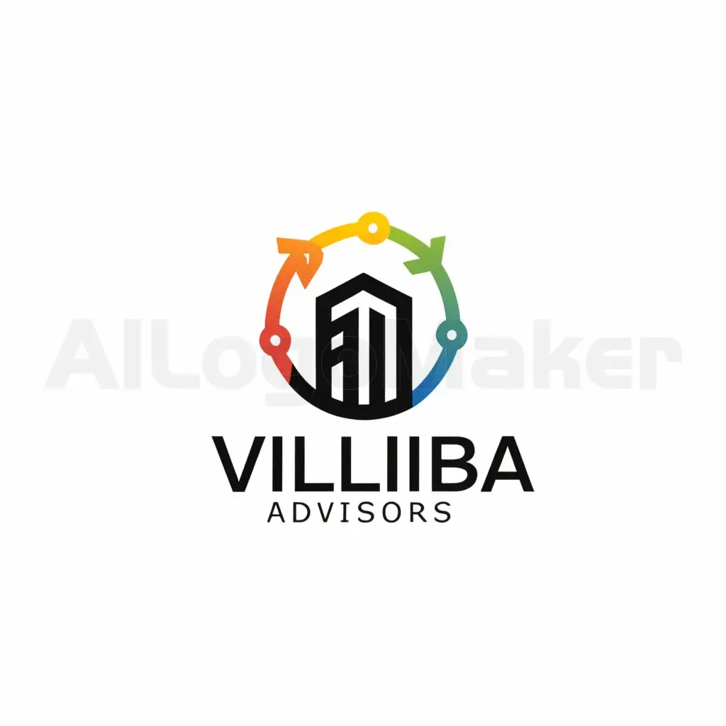 a logo design,with the text "VILLIBA ADVISORS", main symbol:Building surrounded by a circle formed by an arrow representing a cycle,Minimalistic,be used in Finance industry,clear background