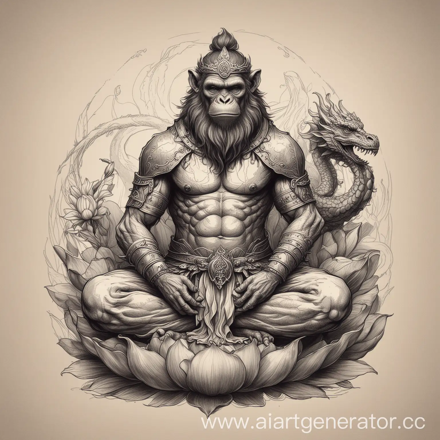 Черно белый эскиз татуировки с воинственным  реалистичным королем обезьян в позе лотоса  обвитый драконом в минималистичном стиле