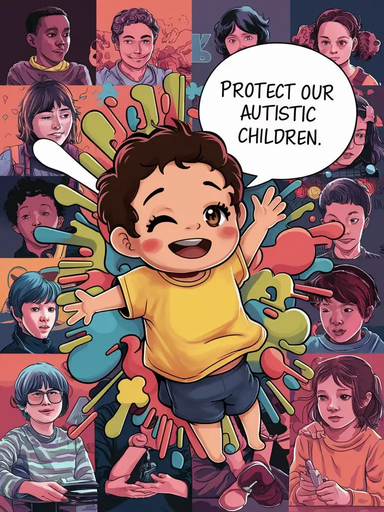 保护自闭症儿童，海报，动漫风