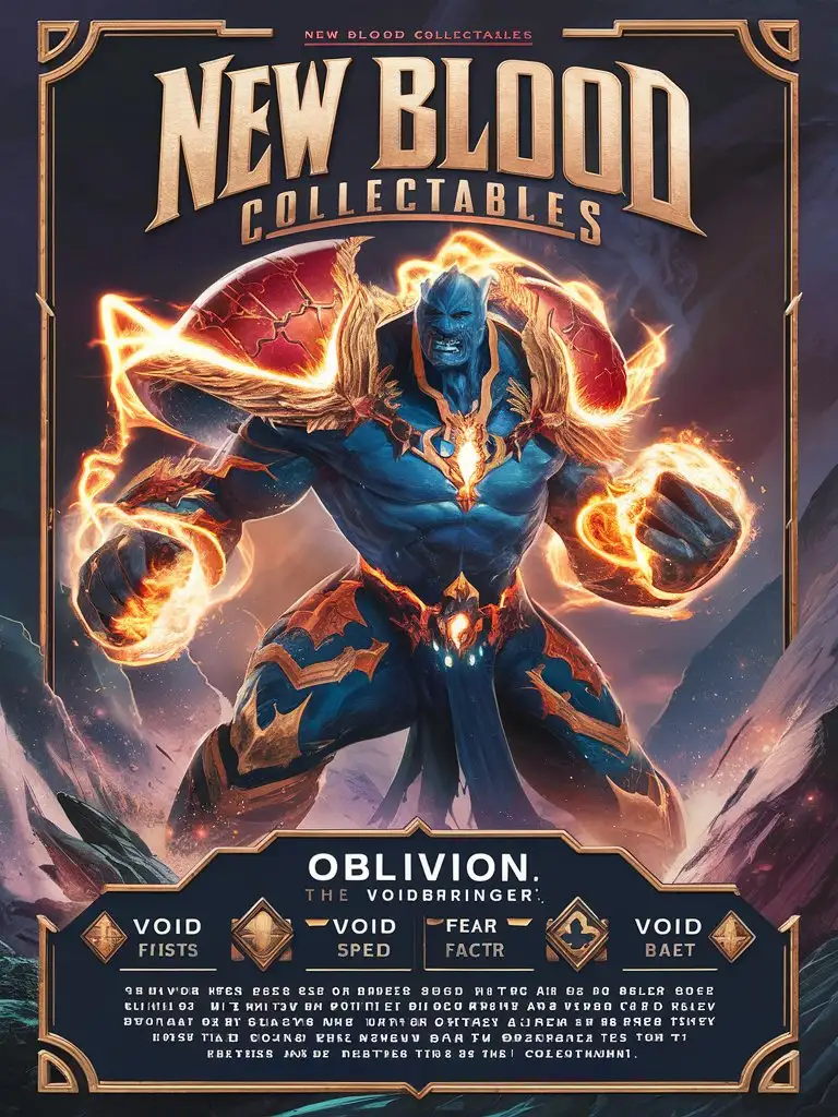  A 8k business card bold title: 'New Blood Collectables' featuring "Oblivion, the Voidbringer" the "Voidius" with a detailed 8k illustration, detailed border
Stats:- Strength: 9/10
- Speed: 6/10
- Intelligence: 7/10
- Fear Factor: 9/1