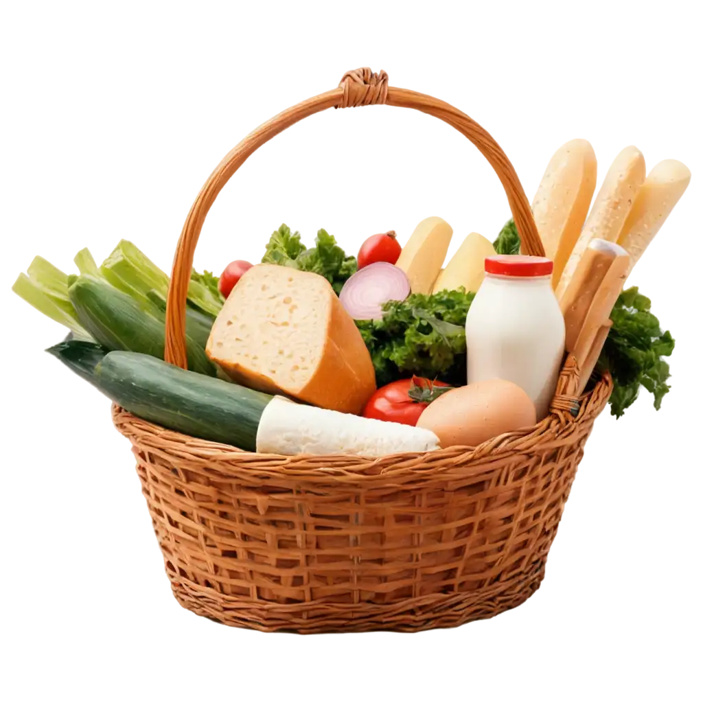 A market basket filled with vegetables, fisch, eggs, sausages, milk, cheese