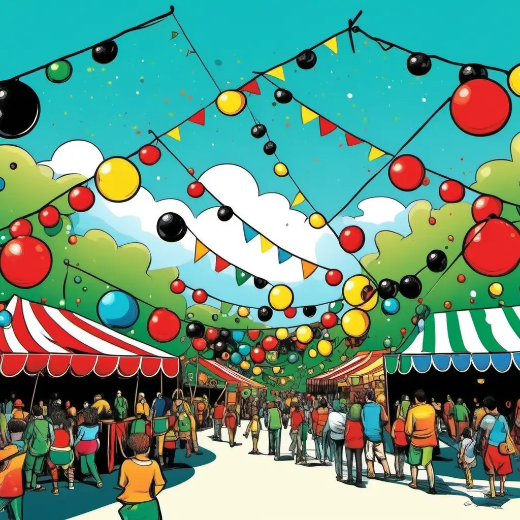 cartoon festival outside with bright sunny blue sky and black green and red decorations