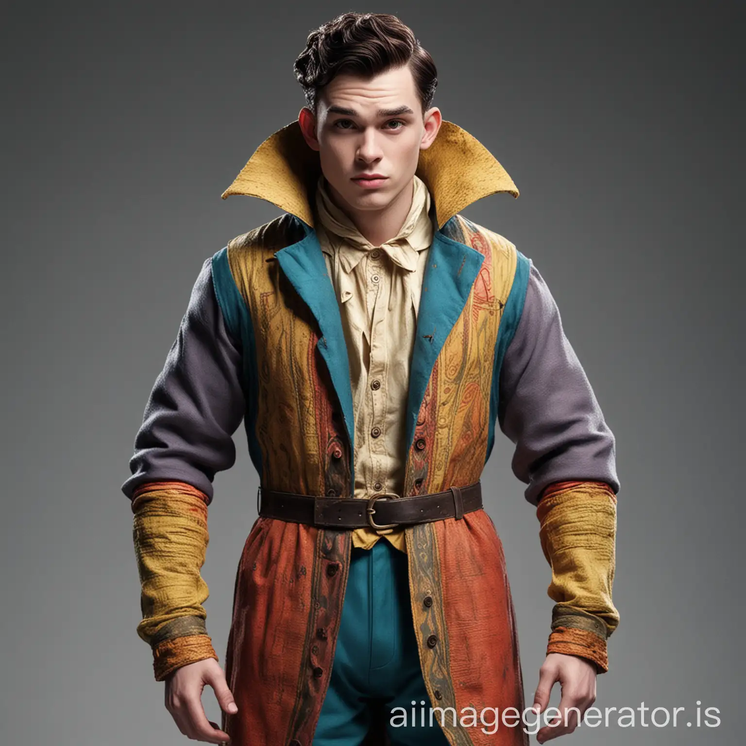 clothes design for dopey from snow white, creative, diverse colors, smooth cuts, runway material, detailed, character based, unique design, on a male model, catwalk, timeless