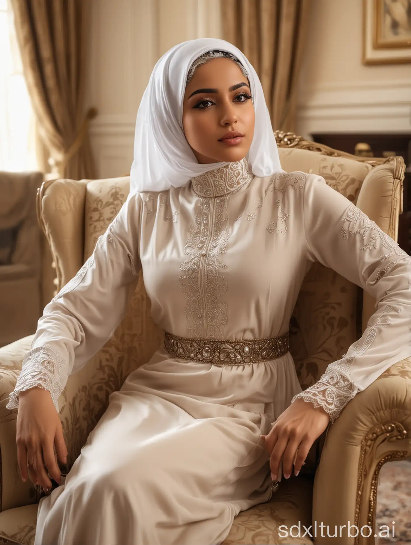 Beautiful Saudi Arabian woman wearing an expensive white hijab and a long beige dress, Sharp features, jawline, dark skin, eyeliner, Rich, inside rich mansion, sitting on an expensive armchair, portrait, curvy