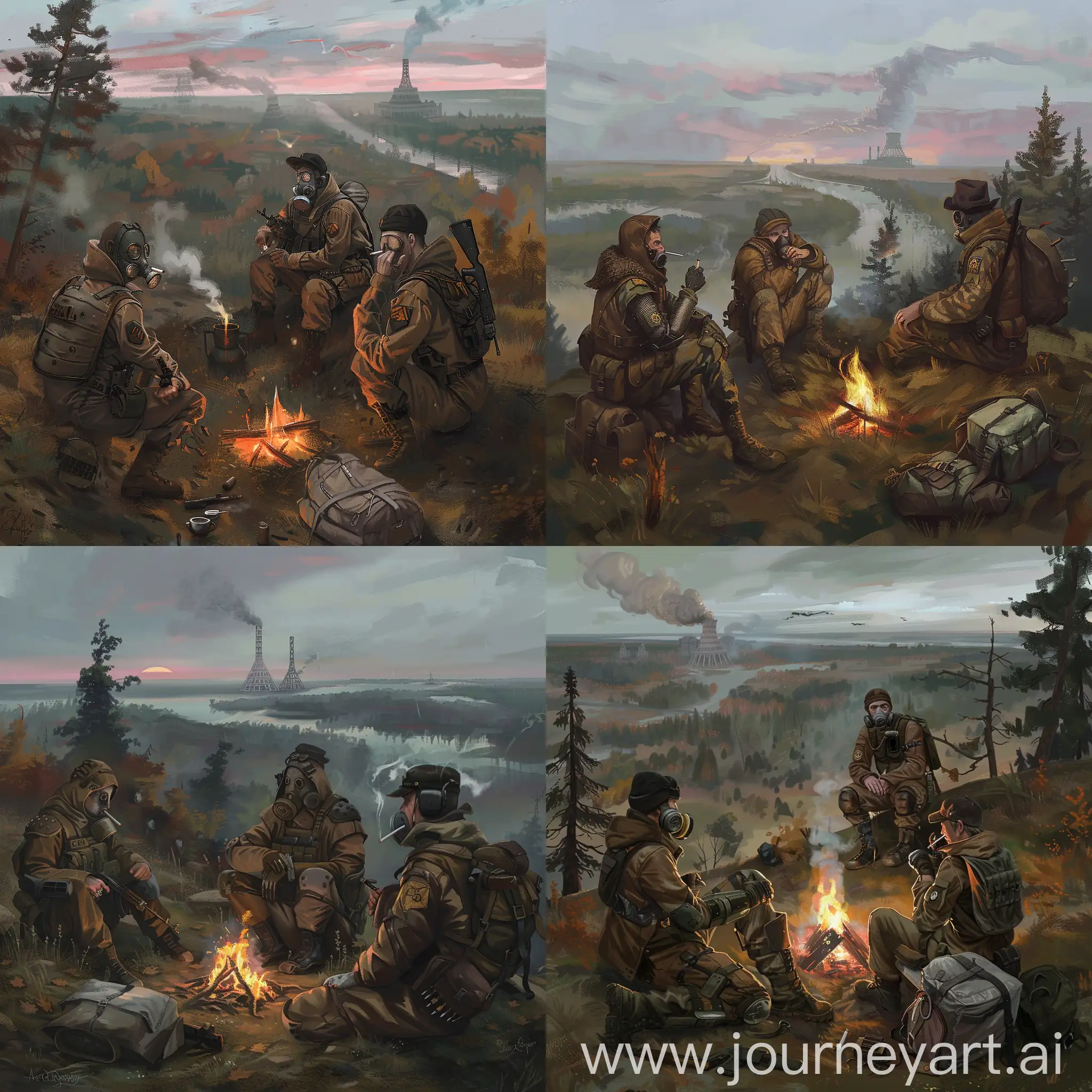 Stalker-Art-Three-Stalkers-by-a-Campfire-in-Chernobyl