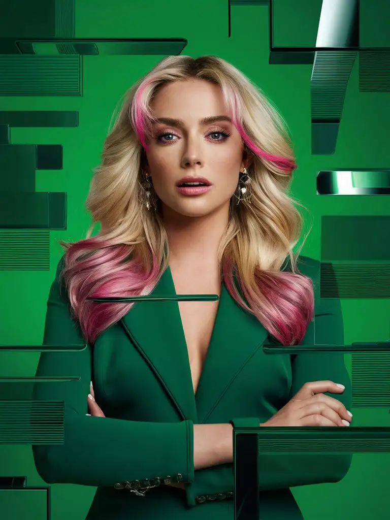 Девушка, европейской внешности, 25 лет, блондинка, кончики волос розовые, зелёные детализация фона