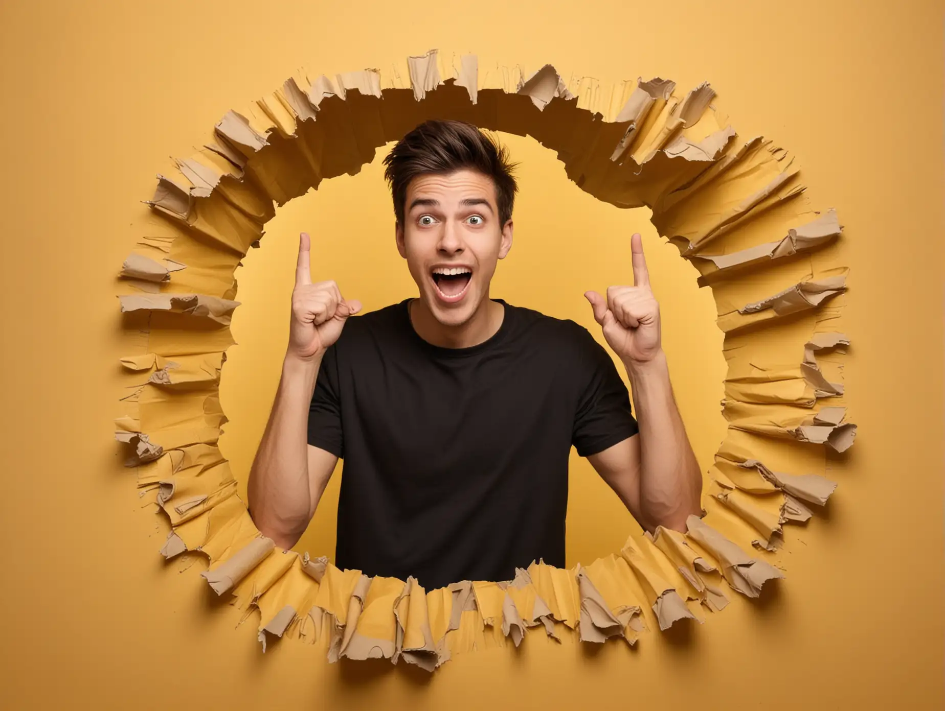 Young-Man-in-Black-TShirt-Pointing-Down-on-Yellow-Background