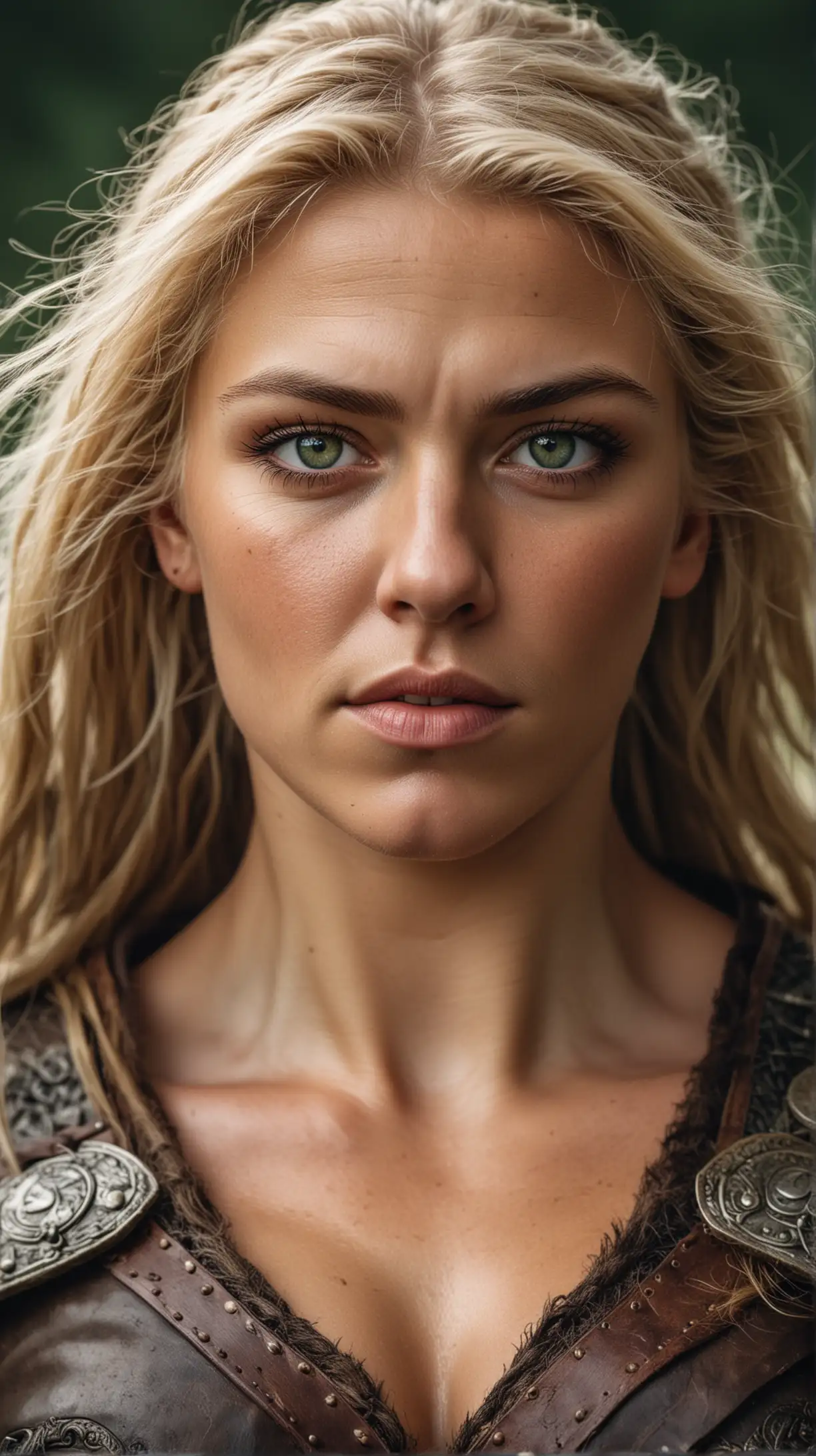 a strong powerful muscular viking woman with blonde hair and green eyes