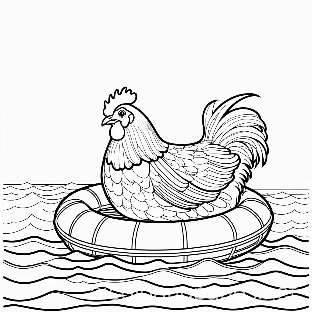 A chicken sailimg on a floatation device in the ocean, Coloring Page, black and white, line art, white background, Simplicity, Ample White Space. The background of the coloring page is plain white to make it easy for young children to color within the lines. The outlines of all the subjects are easy to distinguish, making it simple for kids to color without too much difficulty