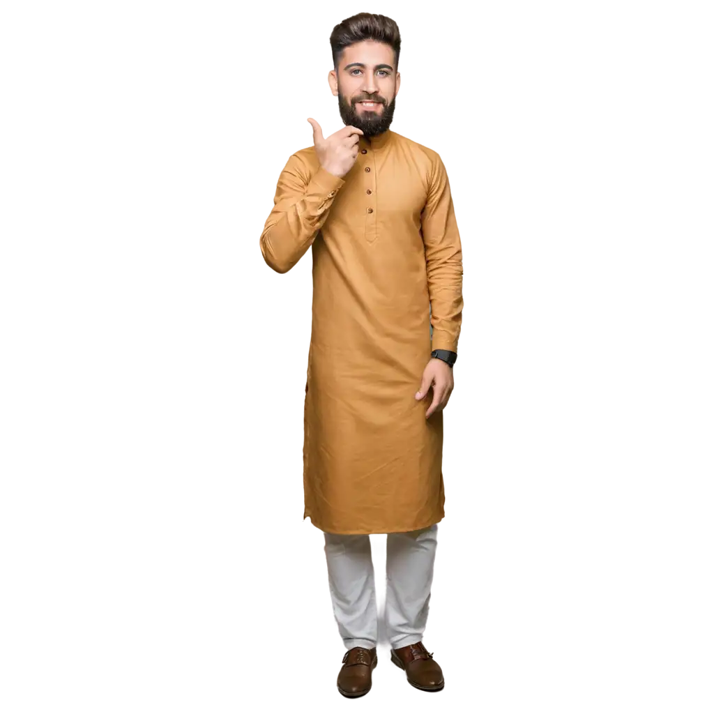 A YOUNG HEALTHY BOY WITH LONG BEARD AND SMALL HAIRSTYLE WEARING KURTA AND SHALWAR PRESENTING PHOTOGRAPHY POSE