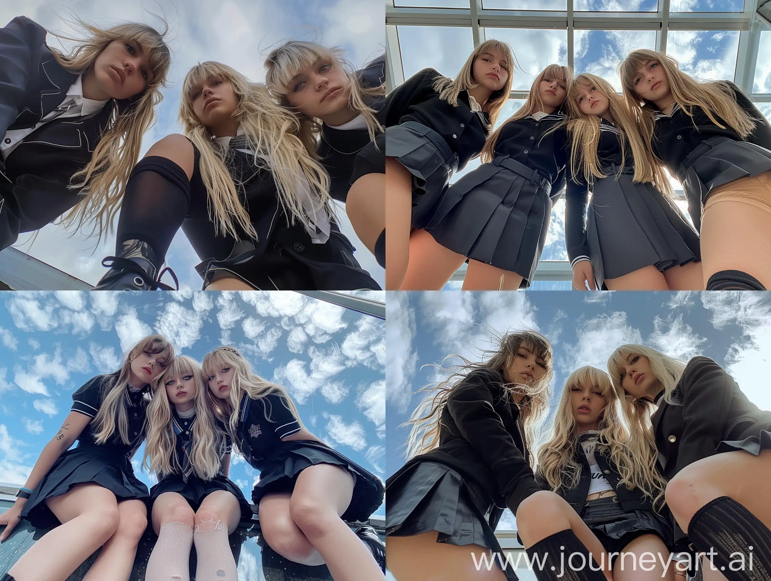 Three-Young-Women-in-Black-School-Uniforms-Posing-Playfully-on-Glass-Surface