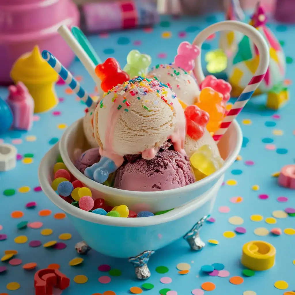 ice cream in a miniature bath tub with gummy bears, confetti, gummy worms, and skittles with a smooth point of view