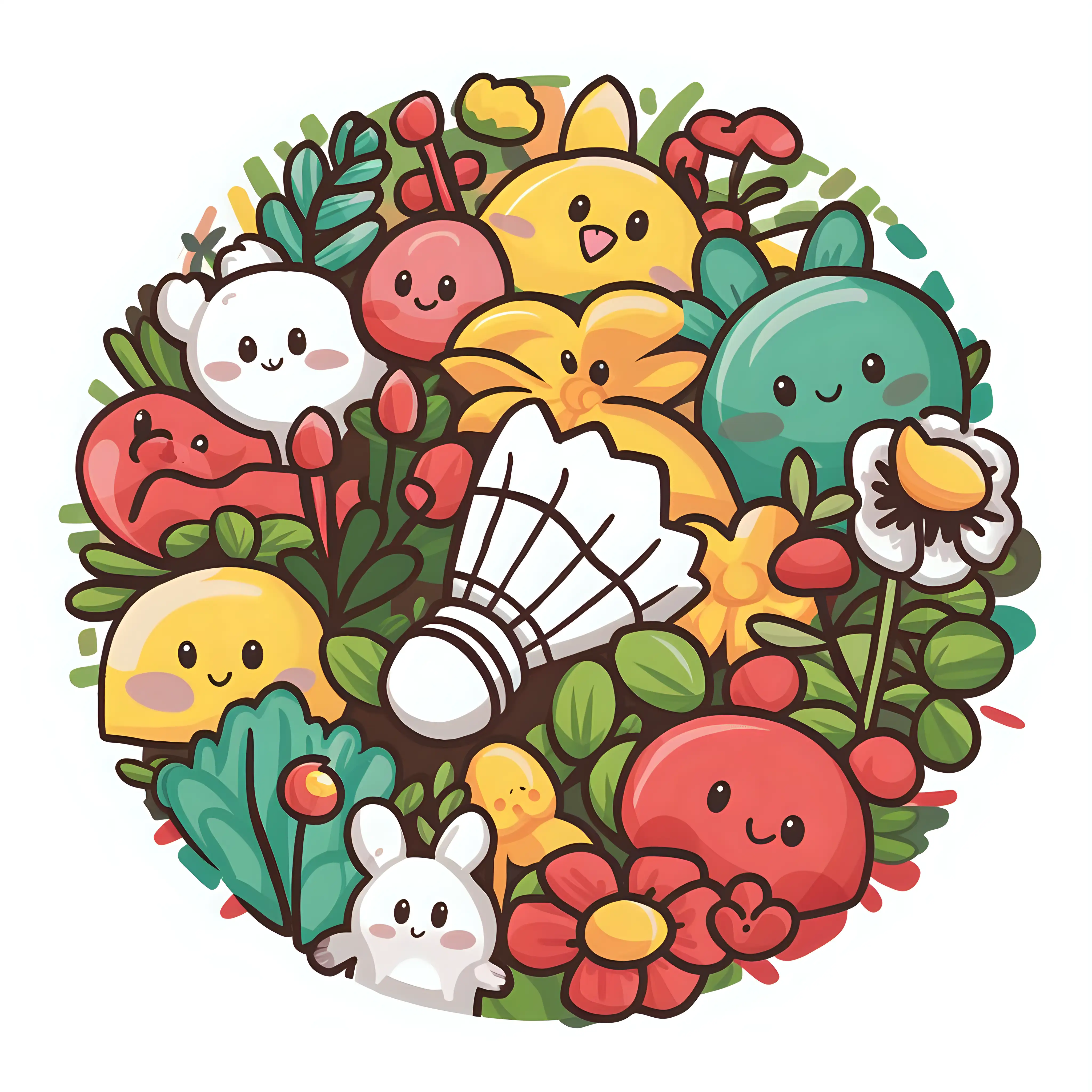 Colorful Vector Illustration of Cute Red Yellow and Green Plants and Flowers in a Round Badminton Setting