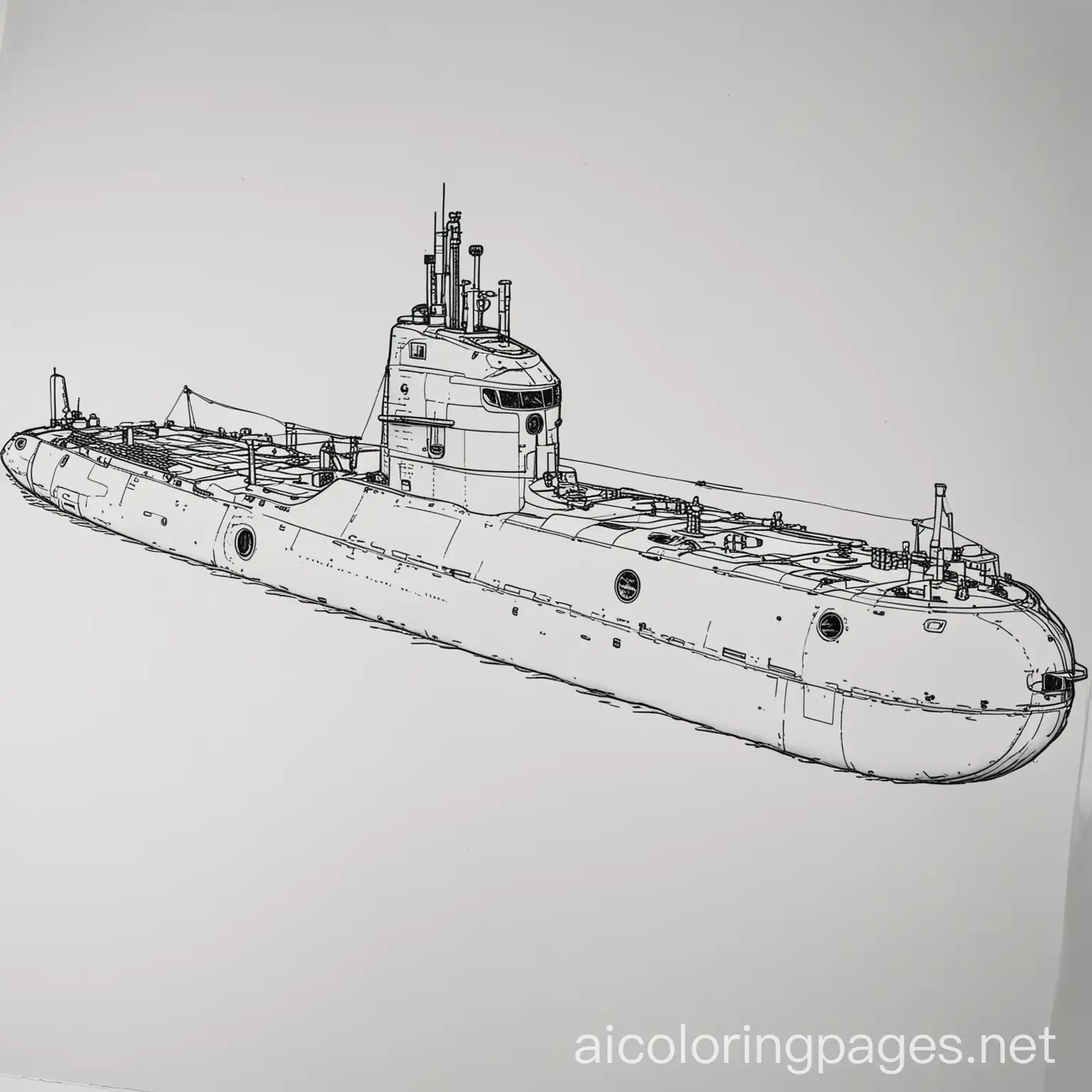 USS Becuna (SS/AGSS-319), a Balao-class submarine, Coloring Page, black and white, line art, white background, Simplicity, Ample White Space. The background of the coloring page is plain white to make it easy for young children to color within the lines. The outlines of all the subjects are easy to distinguish, making it simple for kids to color without too much difficulty