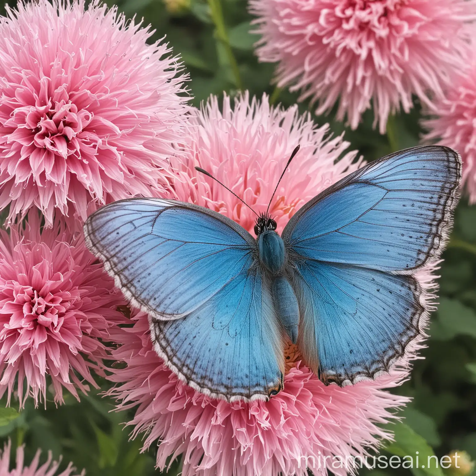 A blue butterfly on a pink full fluffy flower
