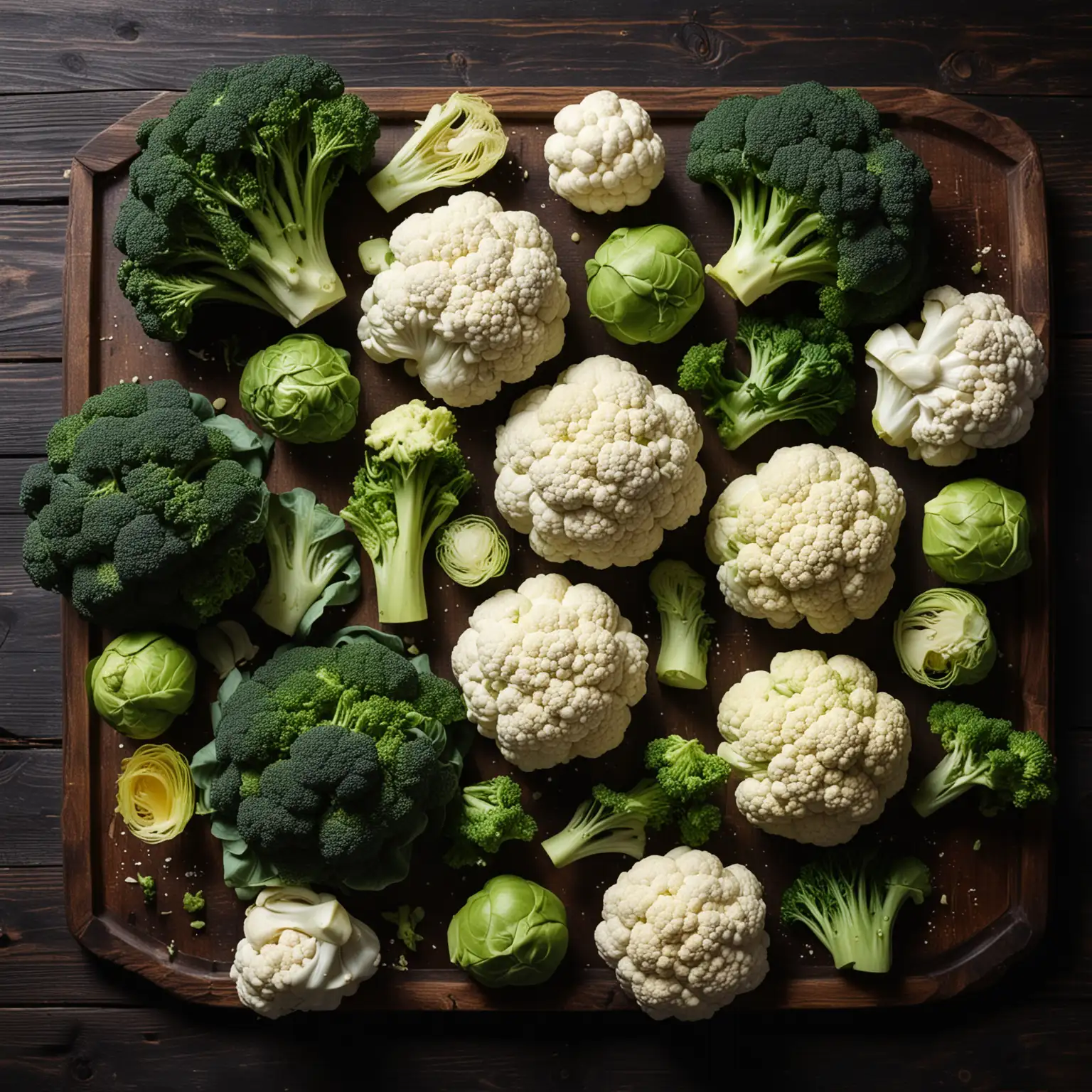 appetizing, attractive arrangement of foods on dark wooden table. foods to include: broccoli, cauliflower, bok choy, Brussels sprouts