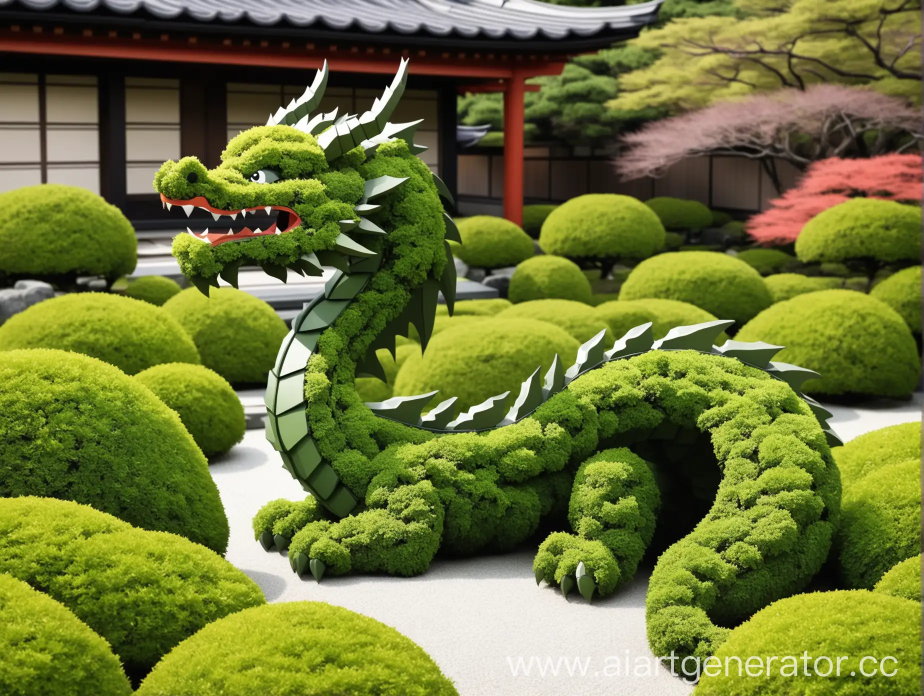 арт обьект в виде дракона из стриженных кустов в минималистичном мультяшном стиле для японского сада