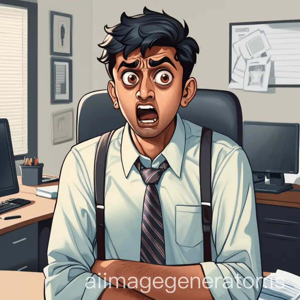 Terrified confused Indian young early 20s male figure in office attire with terrified facial expression